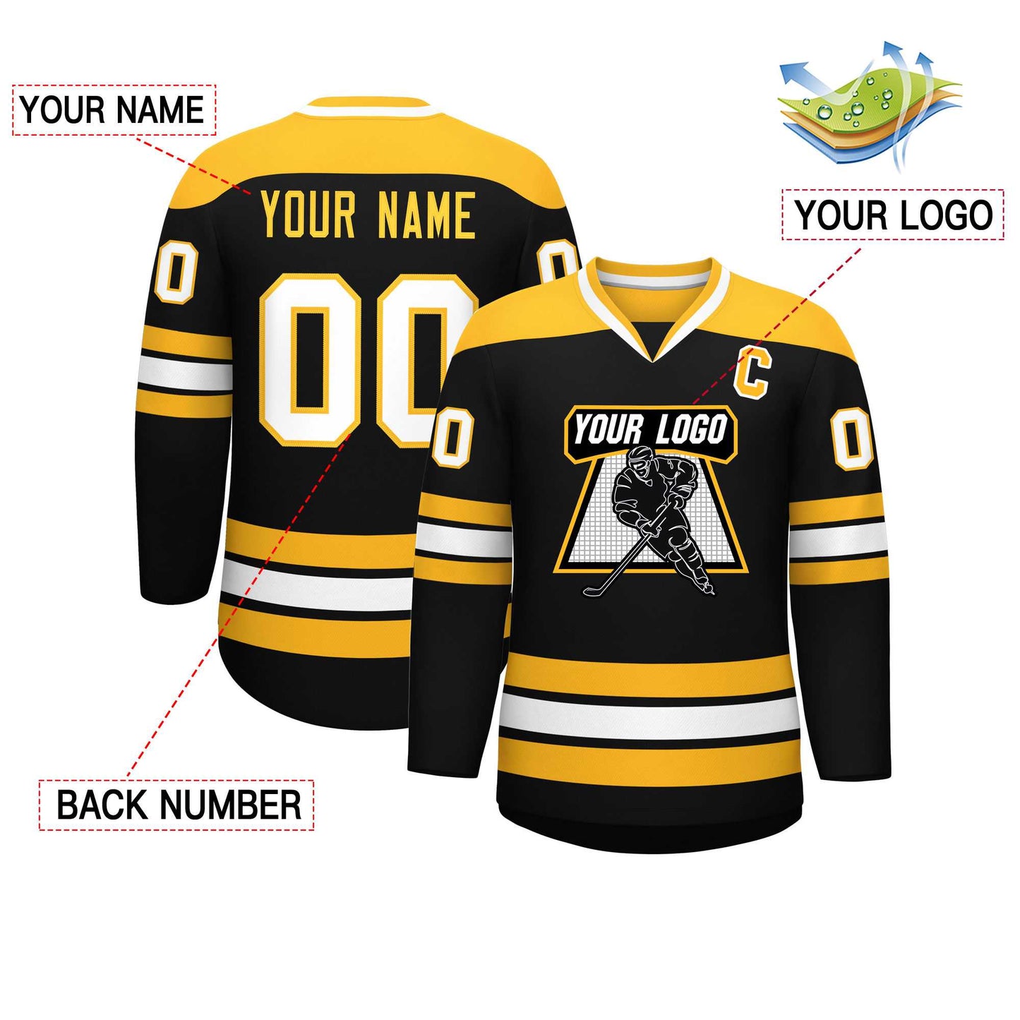 Custom Black Gold-White Personalized Classic V-Neck Hockey Jersey Limited