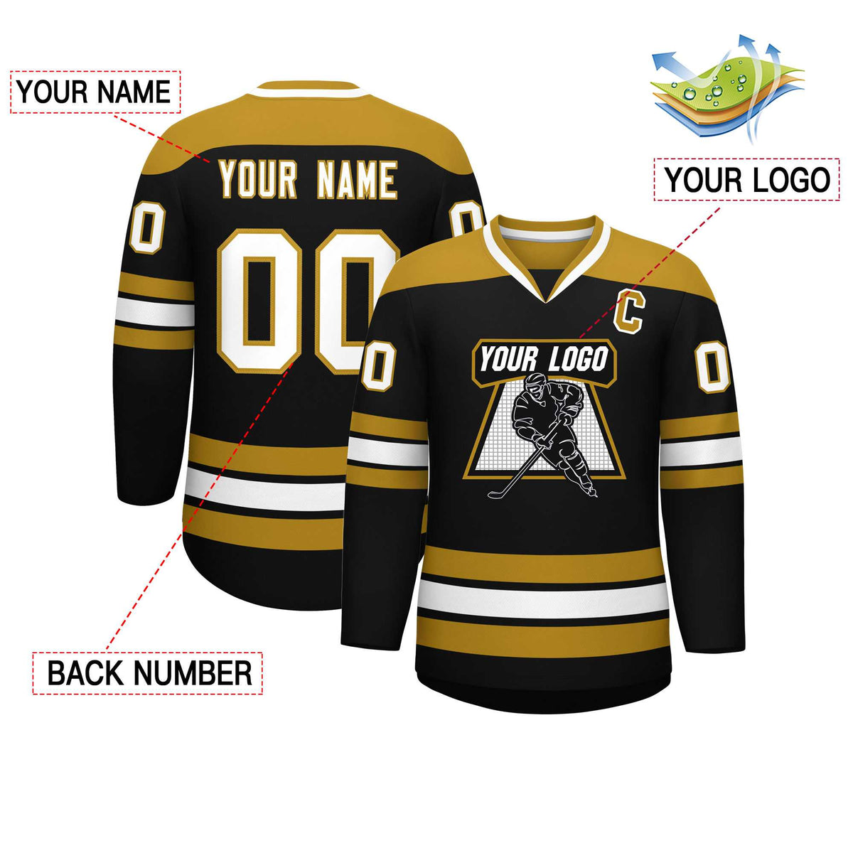 Custom Black Old Gold-White Personalized Classic V-Neck Hockey Jersey Limited
