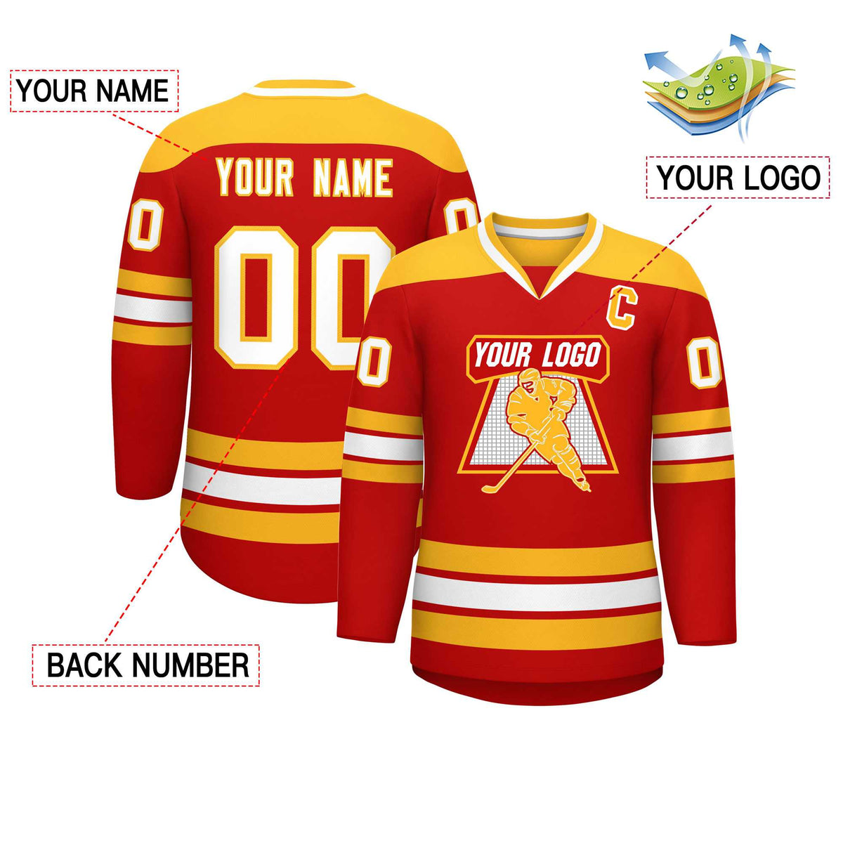 Custom Red Gold-White Personalized Classic V-Neck Hockey Jersey Limited