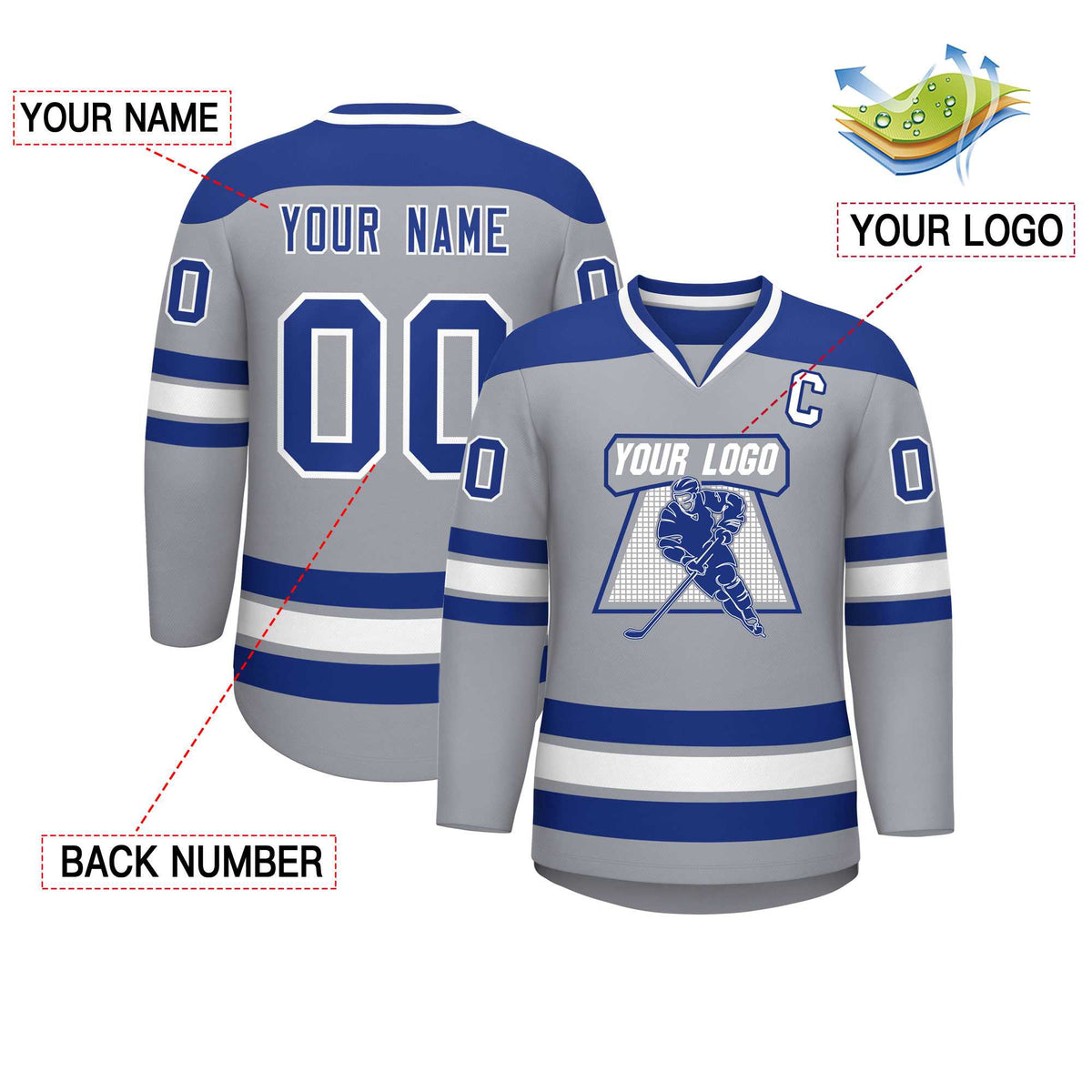Custom Gray Royal-White Personalized Classic V-Neck Hockey Jersey Limited