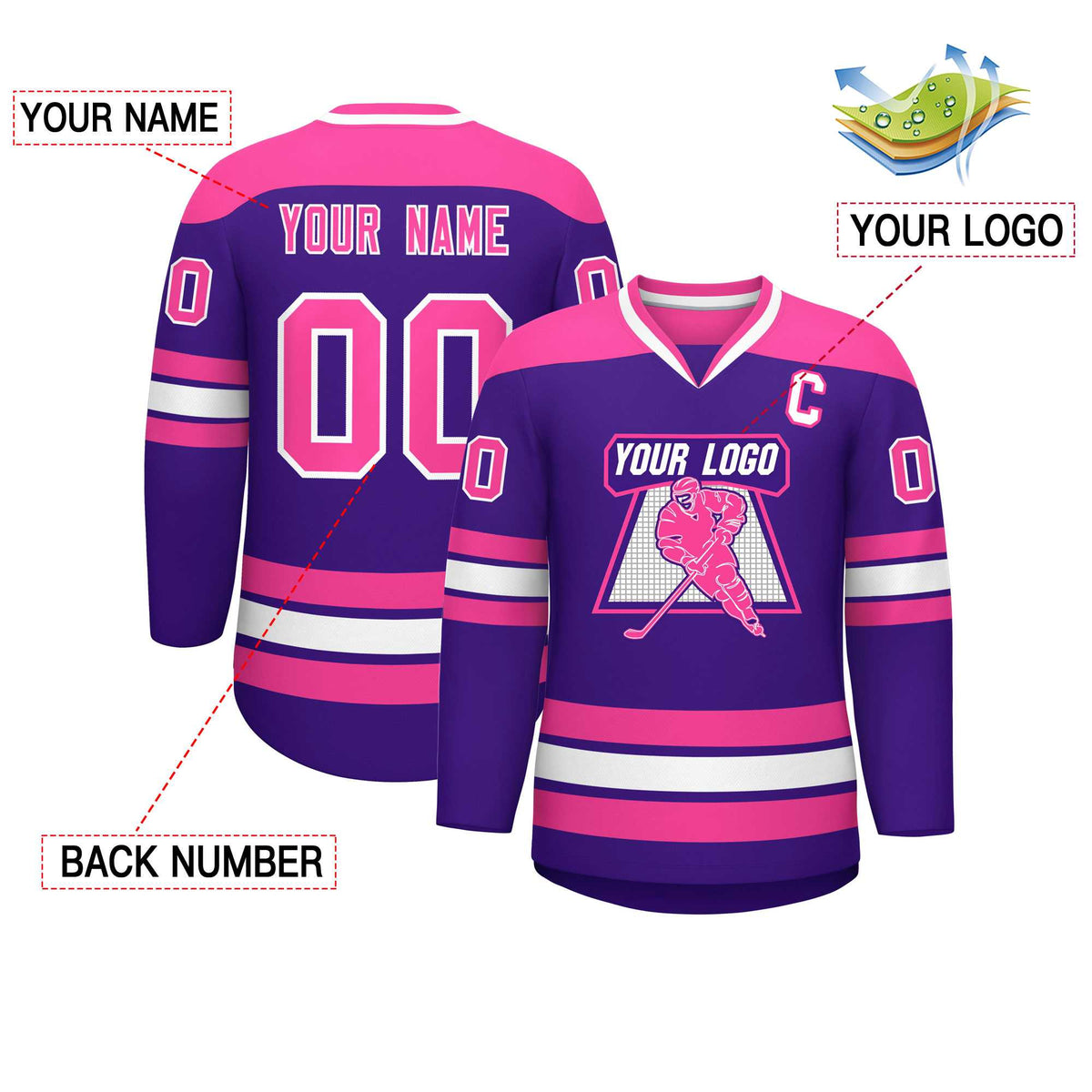 Custom Purple Pink-White Personalized Classic V-Neck Hockey Jersey Limited