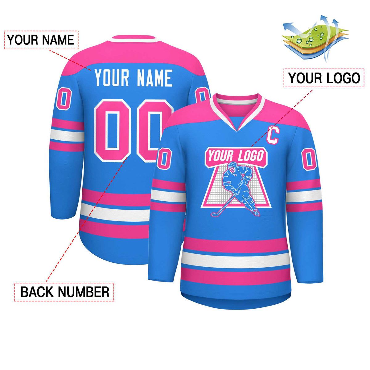 Custom Powder Blue Pink-White Personalized Classic V-Neck Hockey Jersey Limited