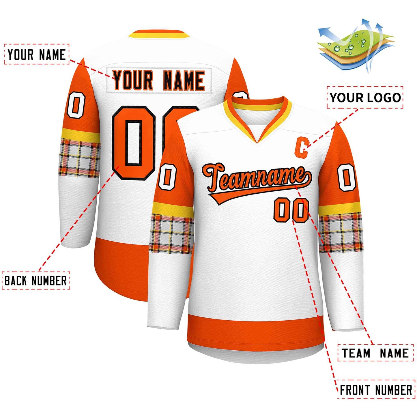 Custom White Orange-Yellow Personalized Raglan Sleeves V-Neck Hockey Jersey Limited
