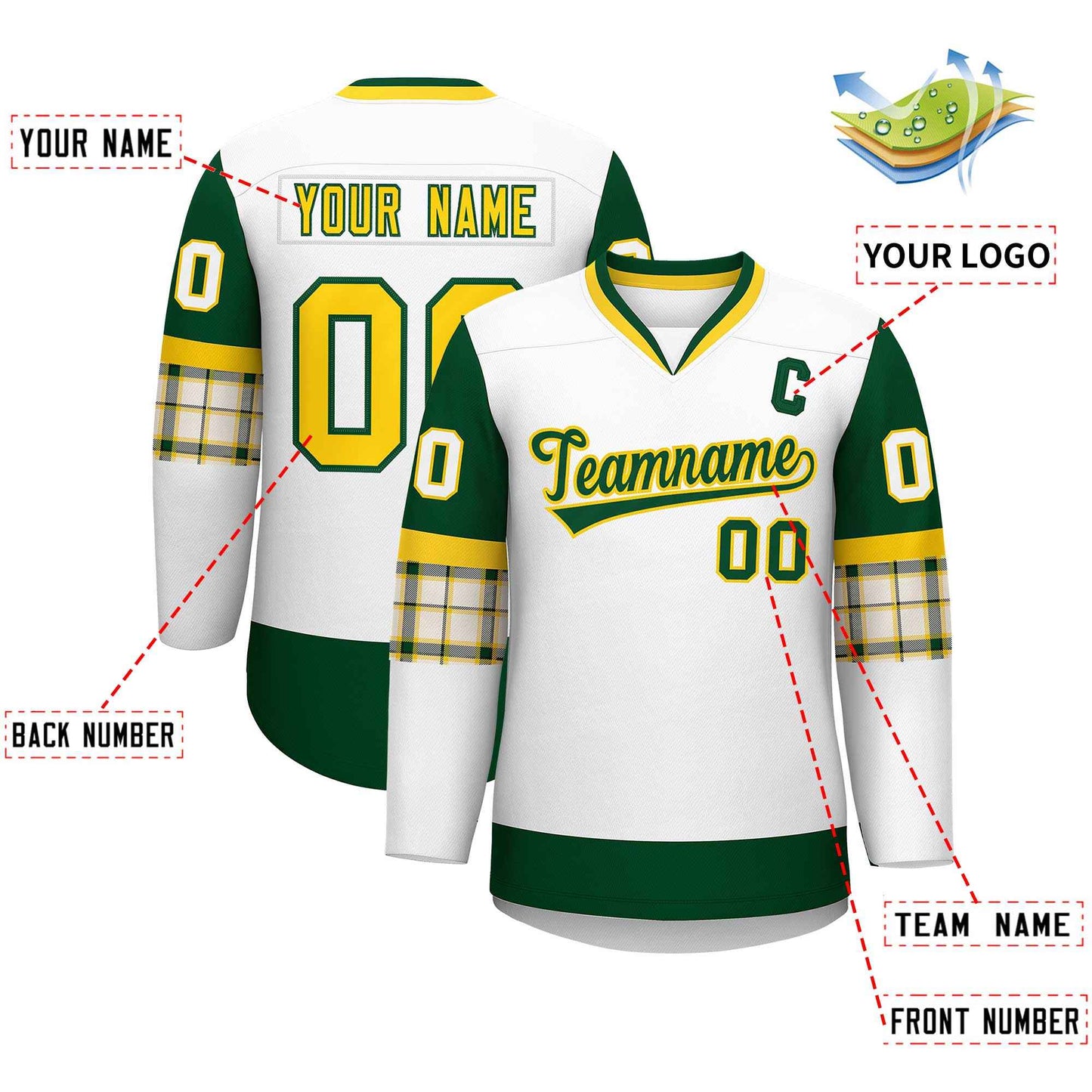 Custom White Green-Yellow Personalized Raglan Sleeves V-Neck Hockey Jersey Limited