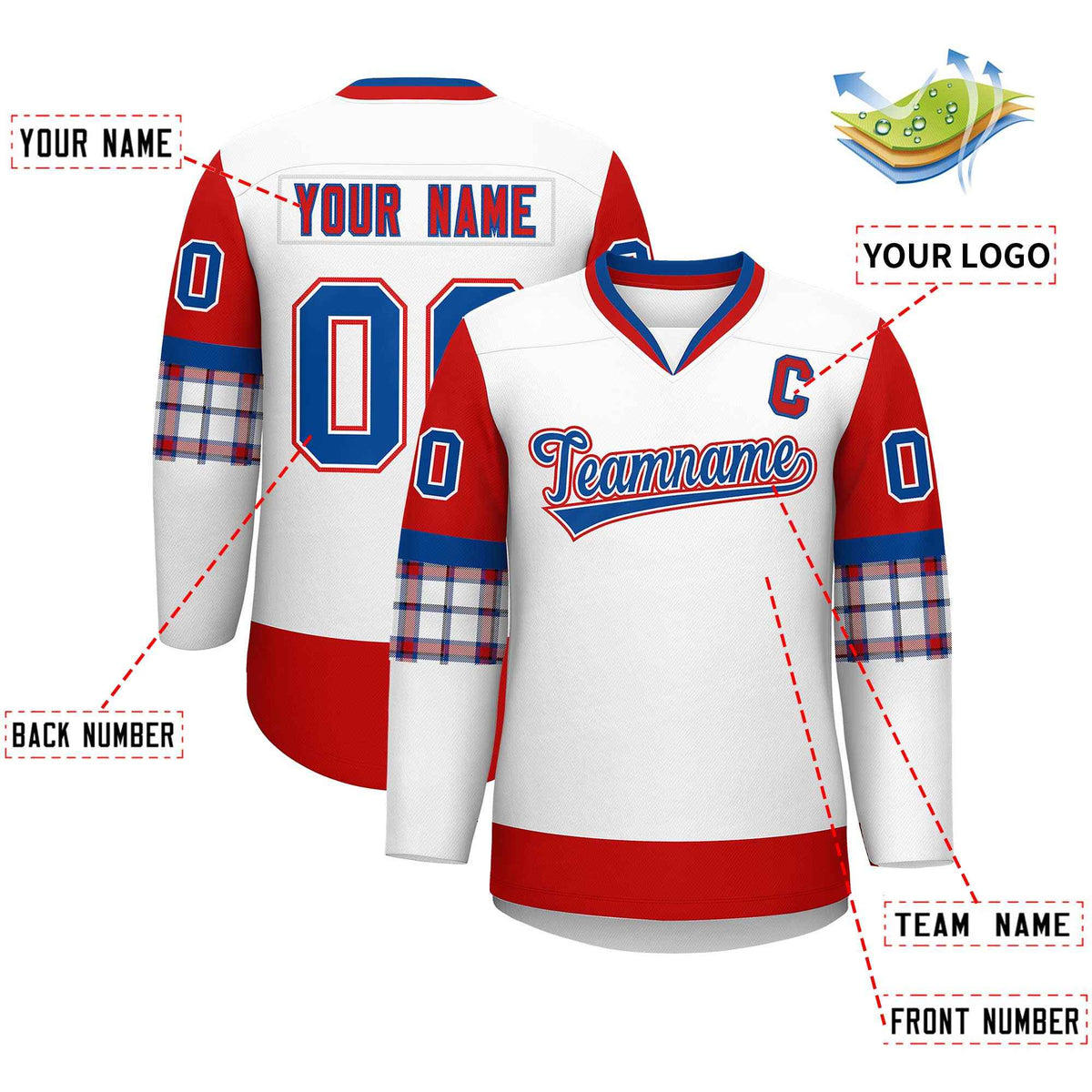 Custom White Red-Royal Personalized Raglan Sleeves V-Neck Hockey Jersey Limited
