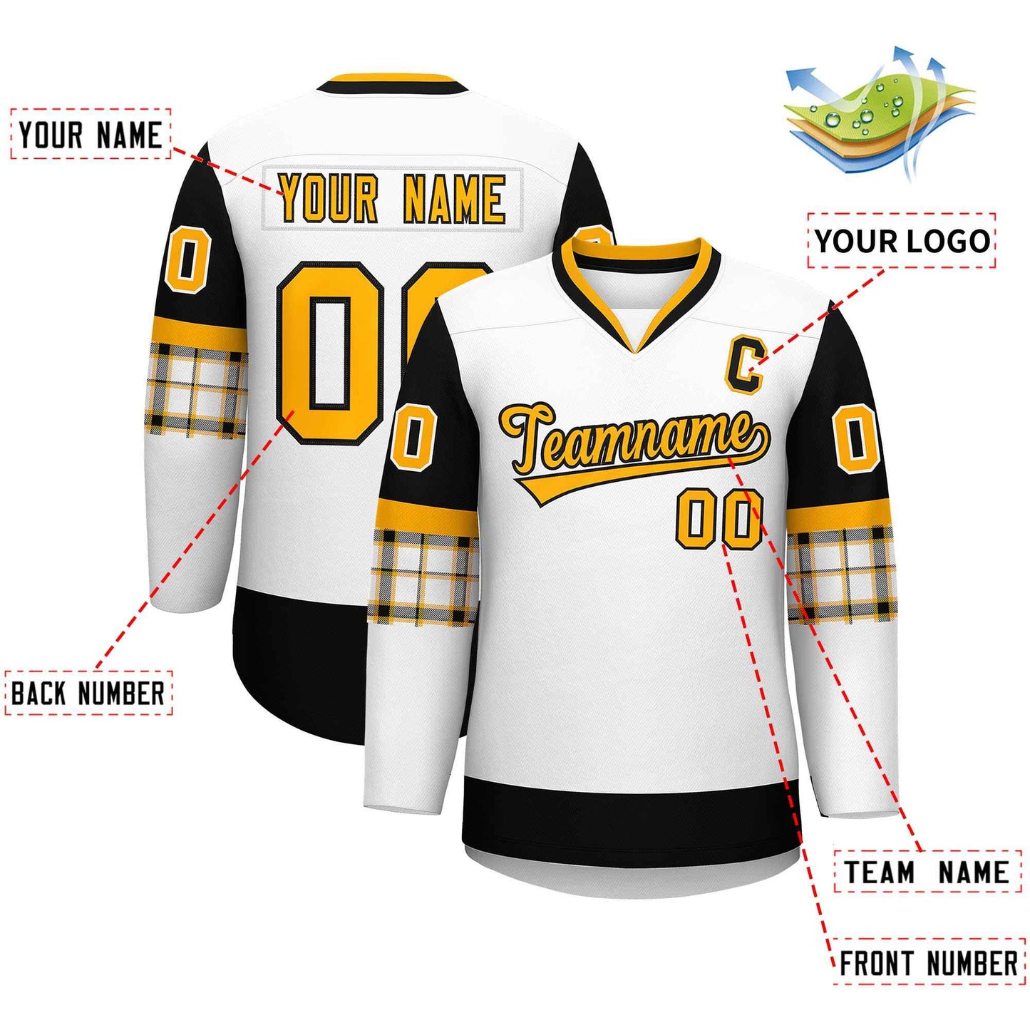 Custom White Black-Yellow Personalized Raglan Sleeves V-Neck Hockey Jersey Limited