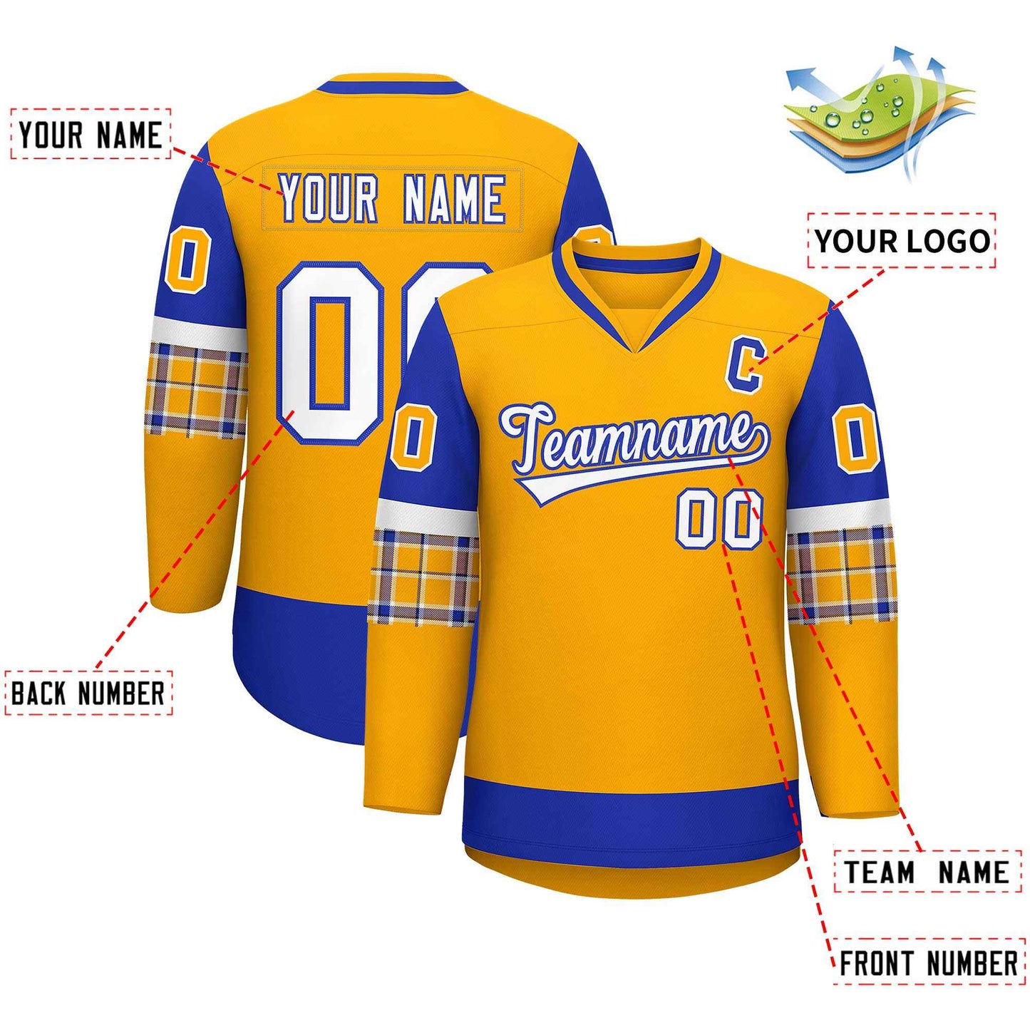 Custom Yellow Royal-White Personalized Raglan Sleeves V-Neck Hockey Jersey Limited