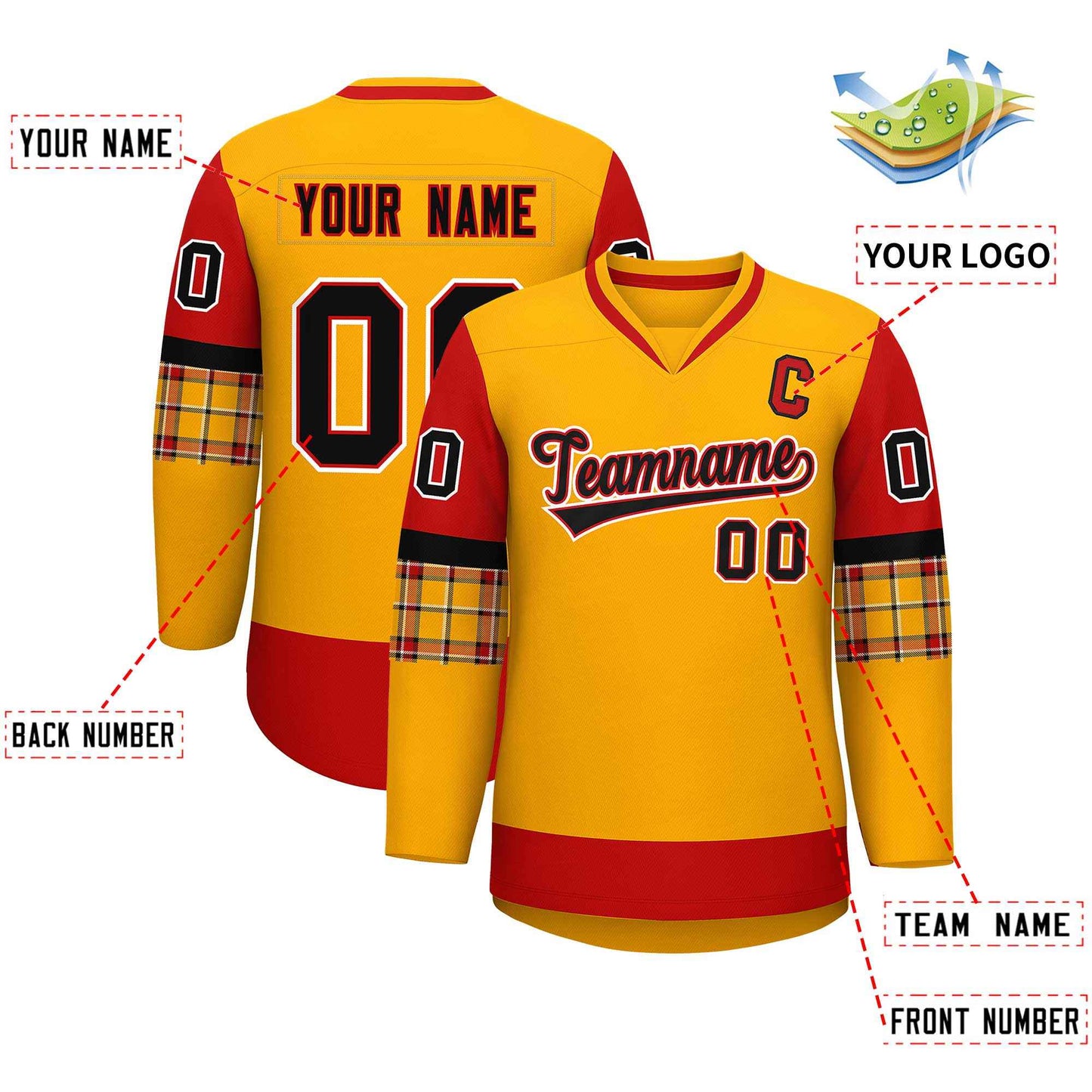 Custom Yellow Red-Black Personalized Raglan Sleeves V-Neck Hockey Jersey Limited