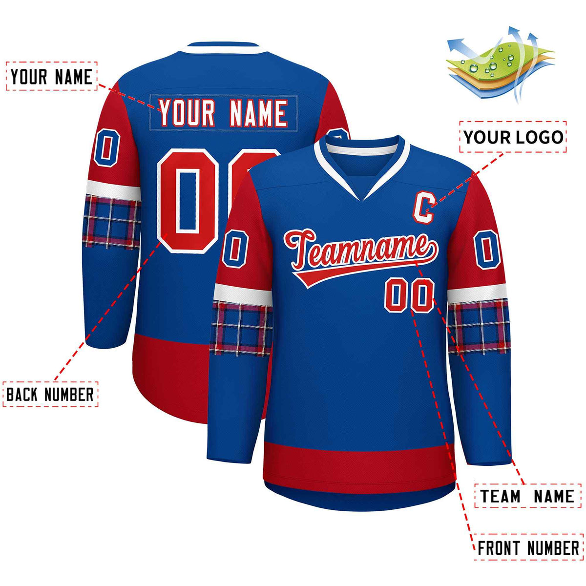 Custom Royal Red-White Personalized Raglan Sleeves V-Neck Hockey Jersey Limited