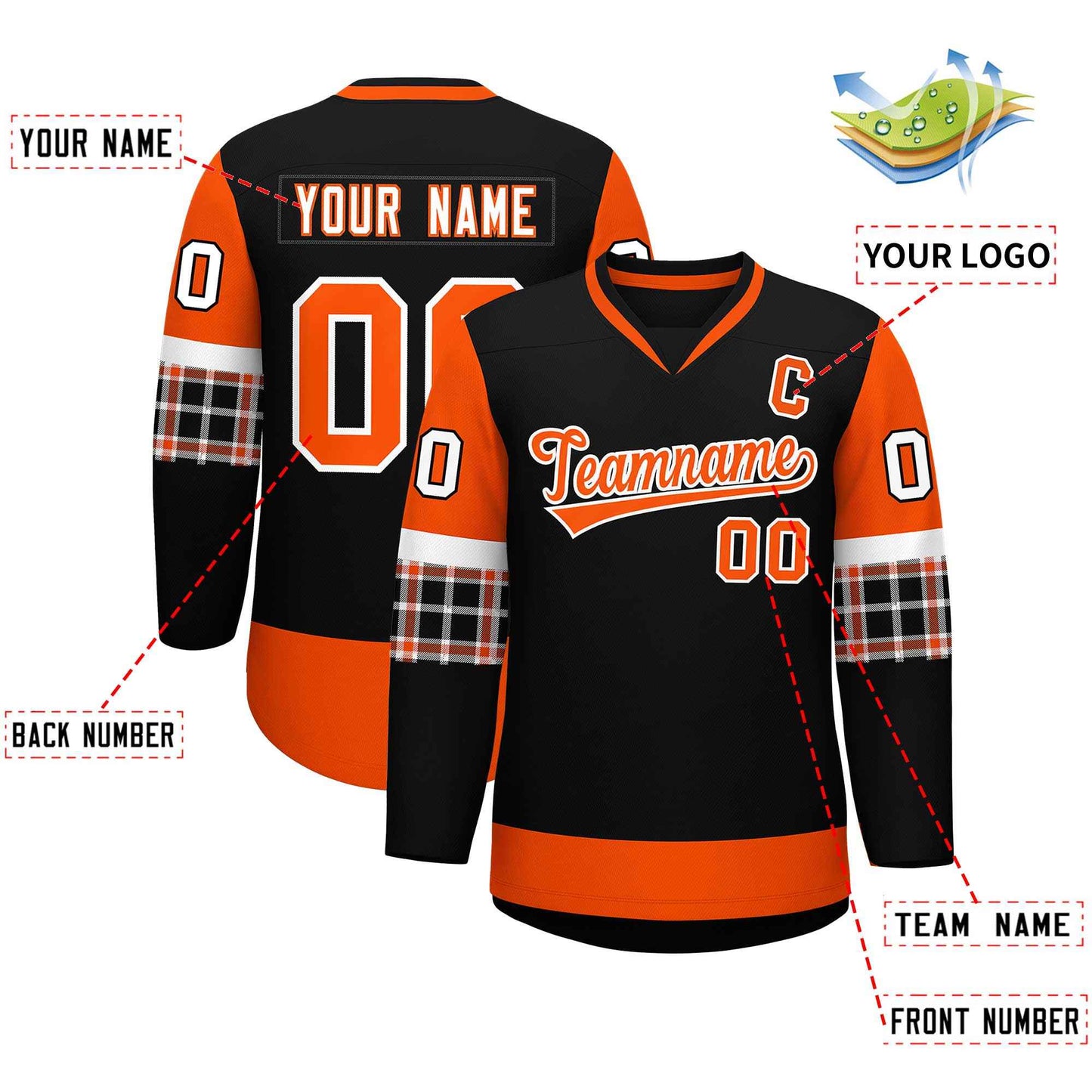 Custom Black Orange-White Personalized Raglan Sleeves V-Neck Hockey Jersey Limited