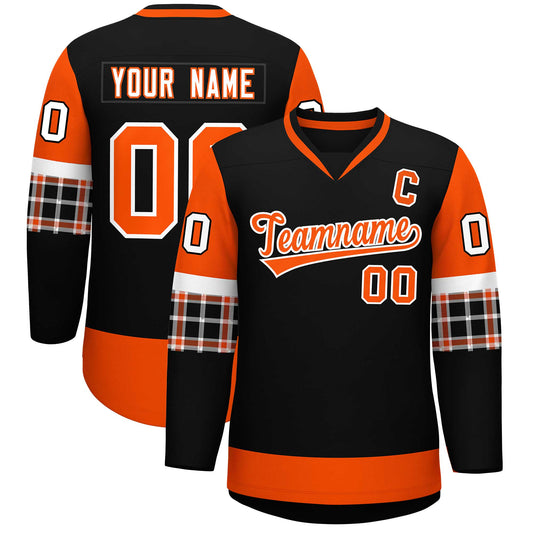 Custom Black Orange-White Personalized Raglan Sleeves V-Neck Hockey Jersey