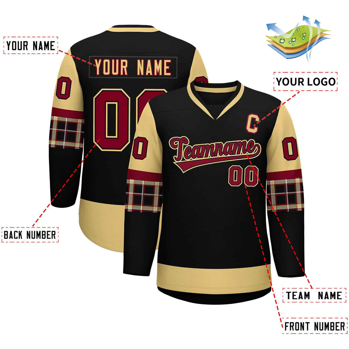 Custom Black Khaki-Crimson Personalized Raglan Sleeves V-Neck Hockey Jersey Limited