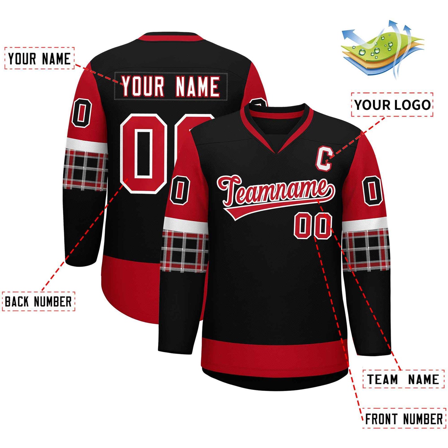 Custom Black Red-White Personalized Raglan Sleeves V-Neck Hockey Jersey Limited