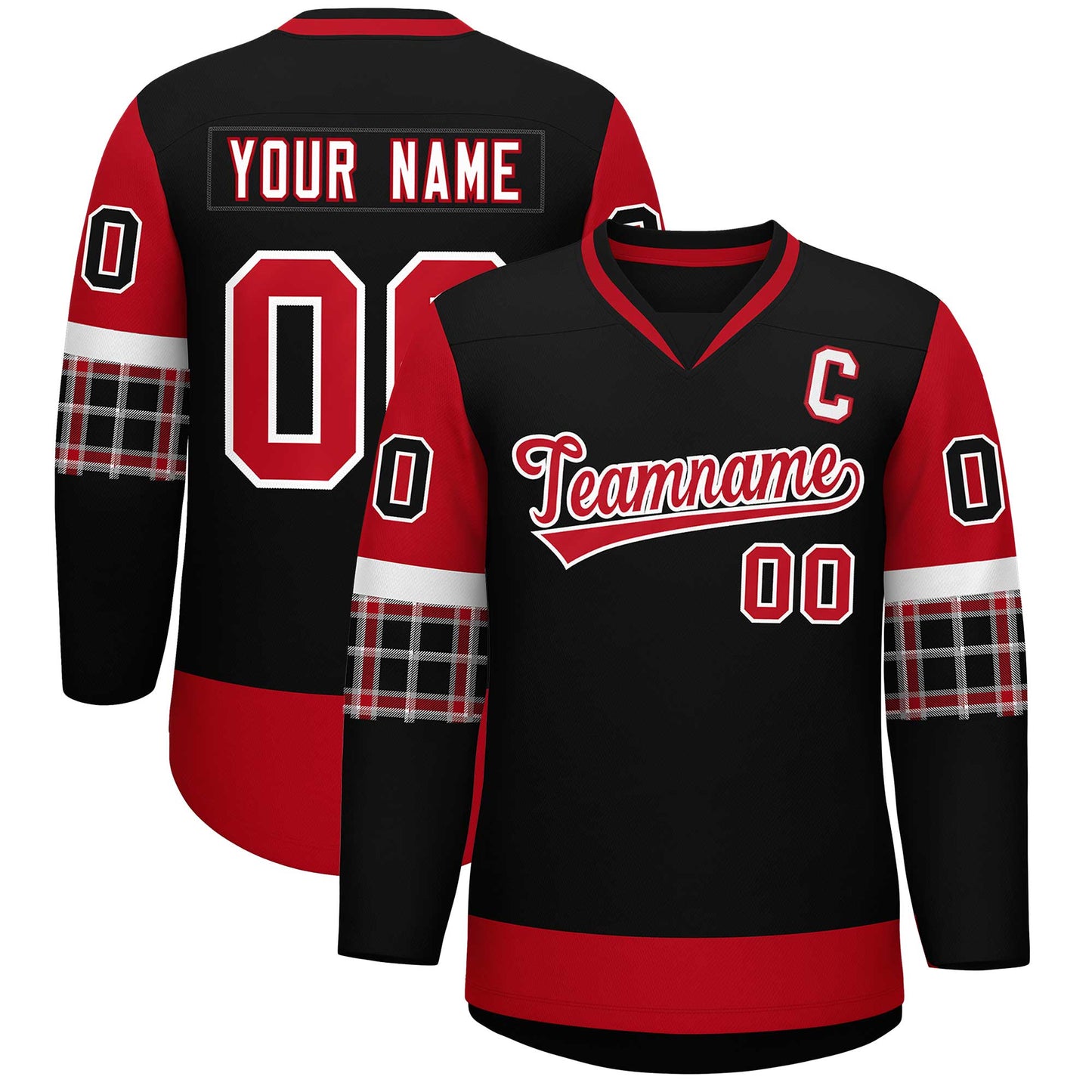 Custom Black Red-White Personalized Raglan Sleeves V-Neck Hockey Jersey