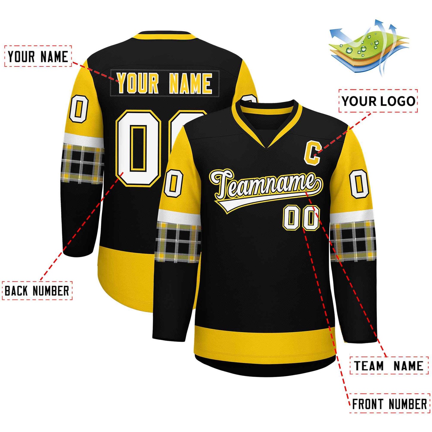 Custom Black Gold-White Personalized Raglan Sleeves V-Neck Hockey Jersey Limited