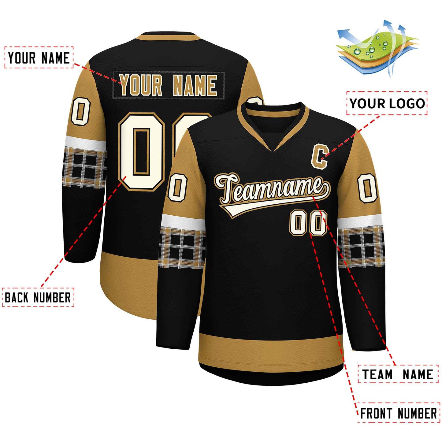 Custom Black Old Gold-White Personalized Raglan Sleeves V-Neck Hockey Jersey Limited