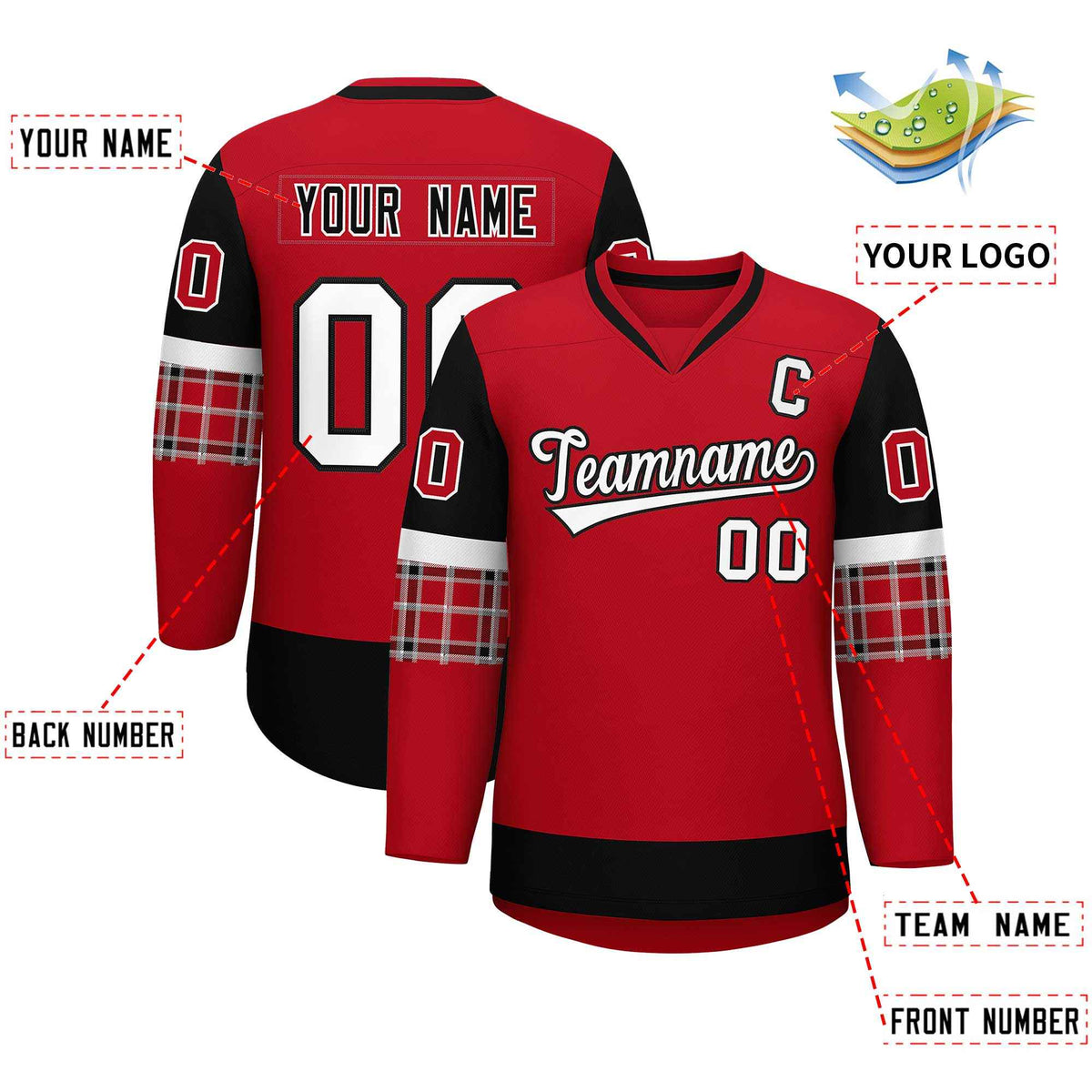 Custom Red Black-White Personalized Raglan Sleeves V-Neck Hockey Jersey Limited