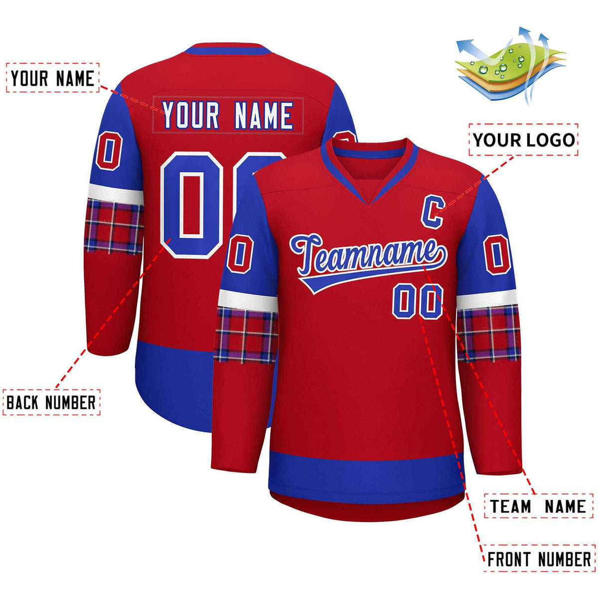 Custom Red Royal-White Personalized Raglan Sleeves V-Neck Hockey Jersey Limited