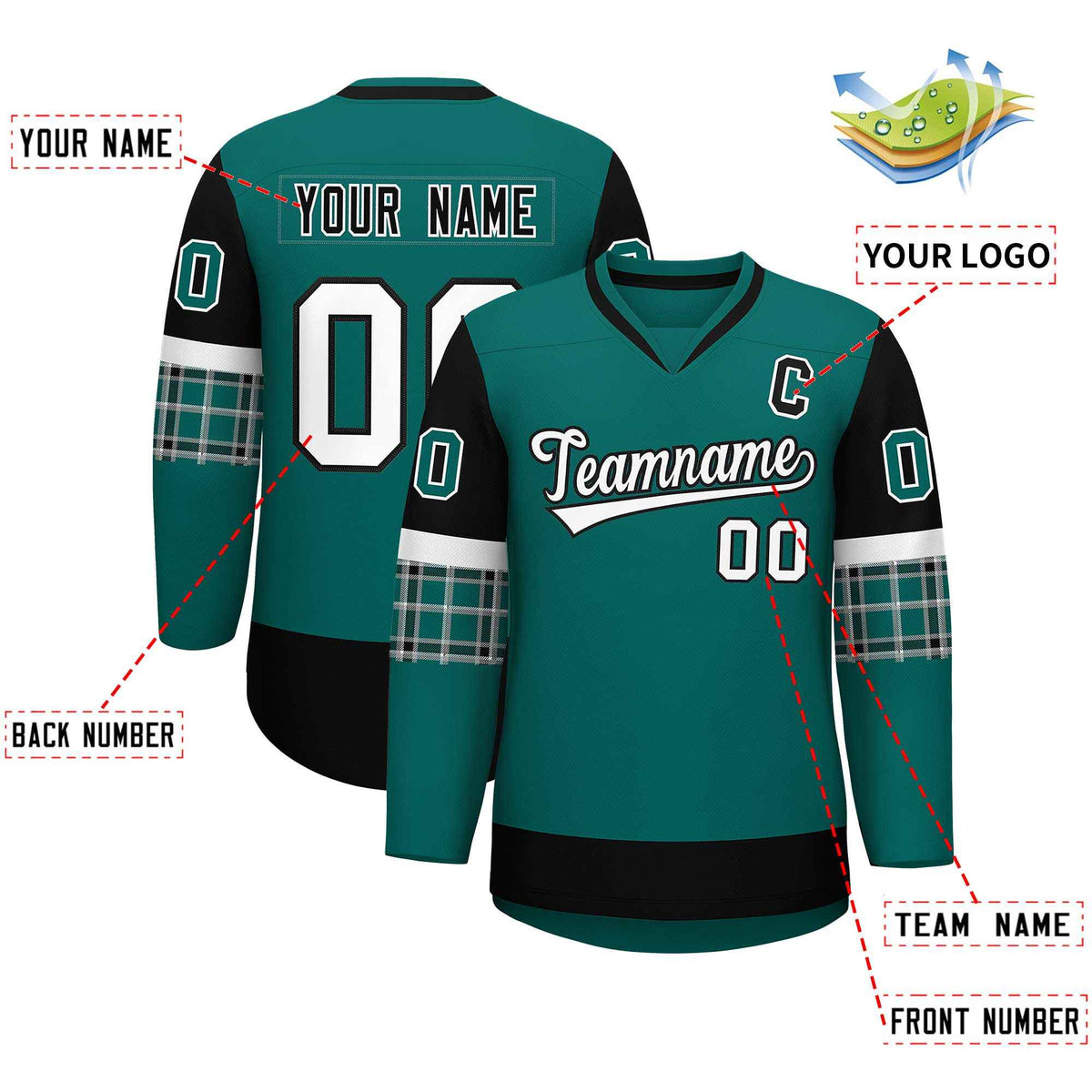 Custom Aqua Black-White Personalized Raglan Sleeves V-Neck Hockey Jersey Limited