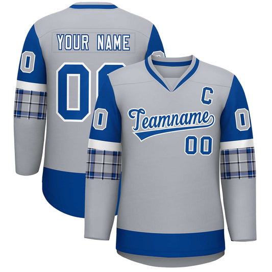 Custom Gray Royal-White Personalized Raglan Sleeves V-Neck Hockey Jersey