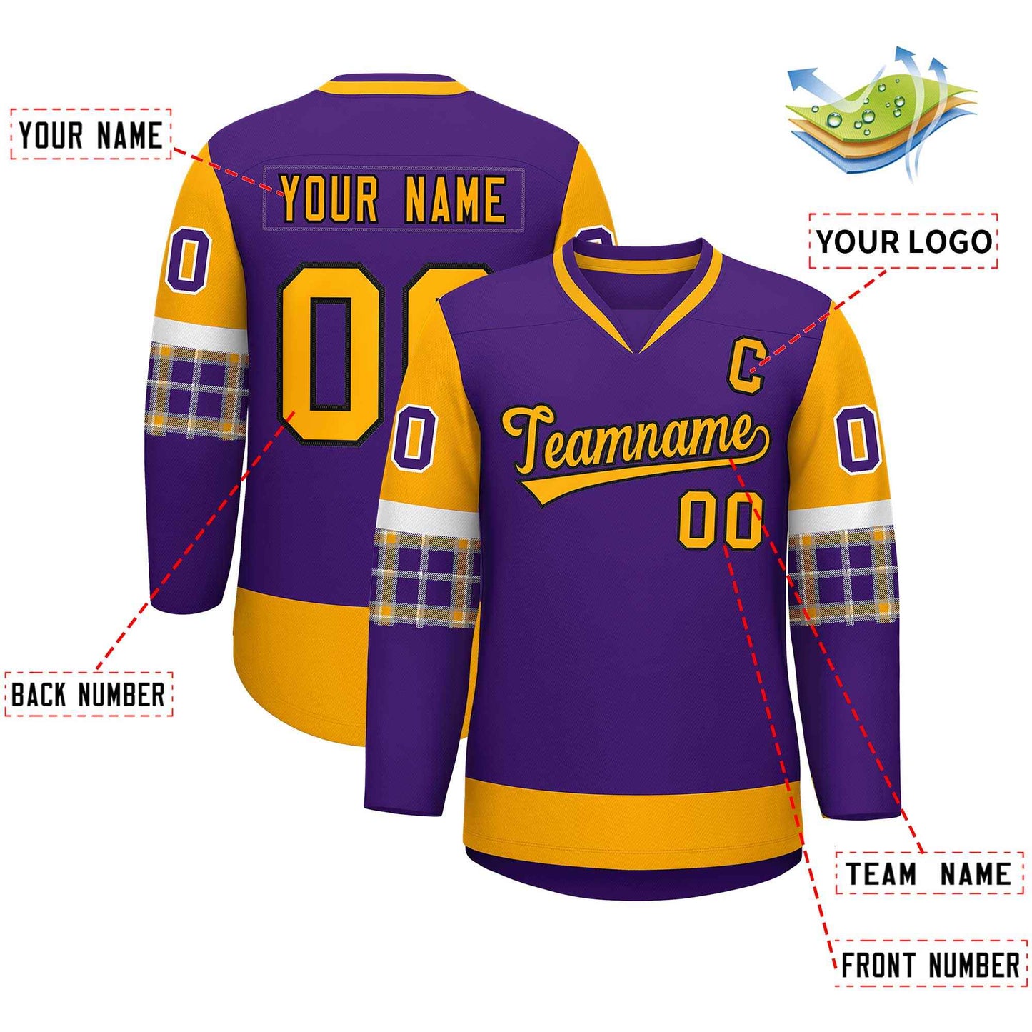 Custom Purple Yellow-White Personalized Raglan Sleeves V-Neck Hockey Jersey Limited