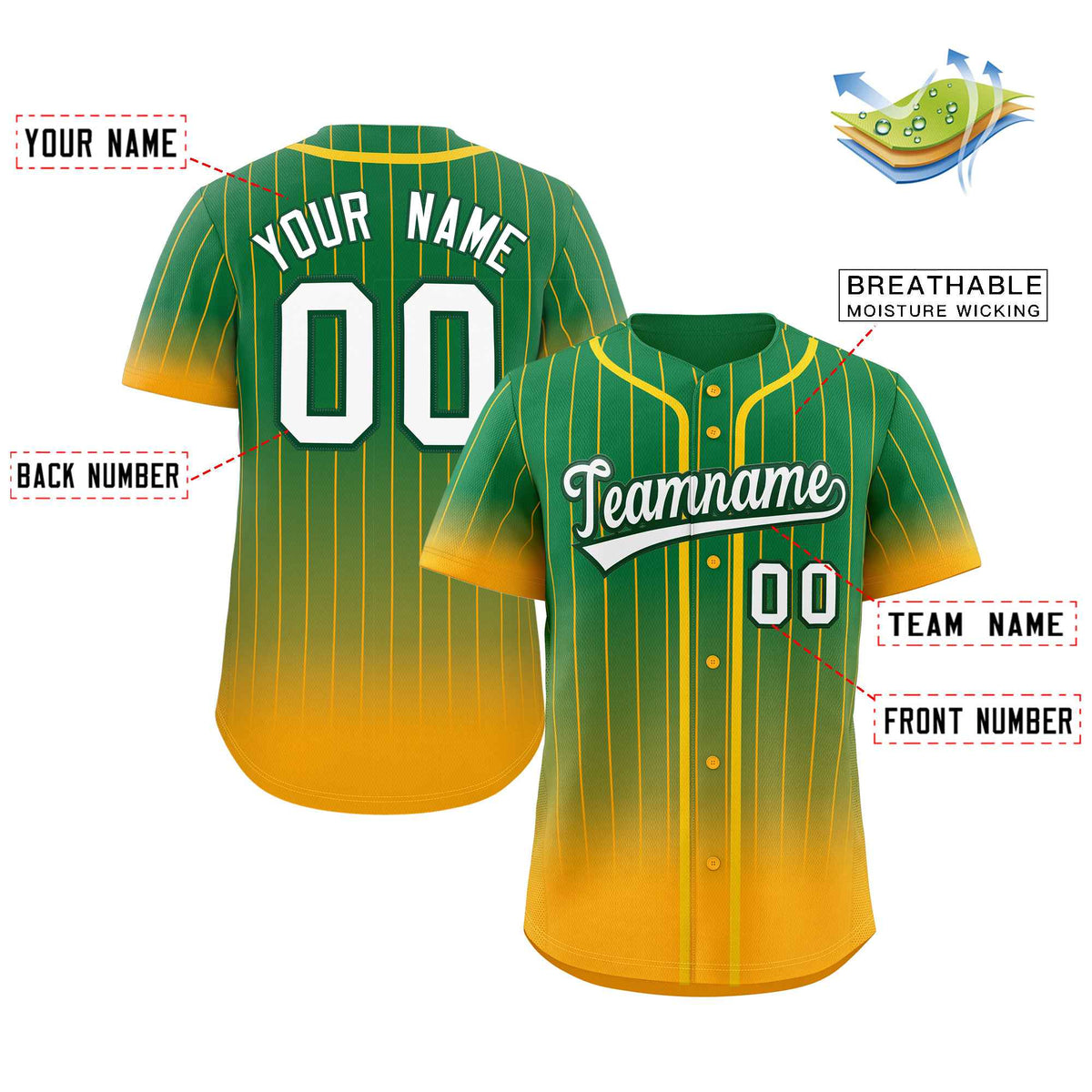 Custom Kelly Green Yellow-White Gradient Stripe Fashion Authentic Baseball Jersey Limited