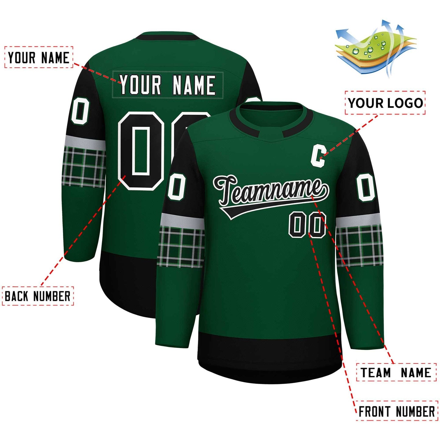 Custom Green Black Personalized Raglan Sleeves Round-Neck Hockey Jersey Limited
