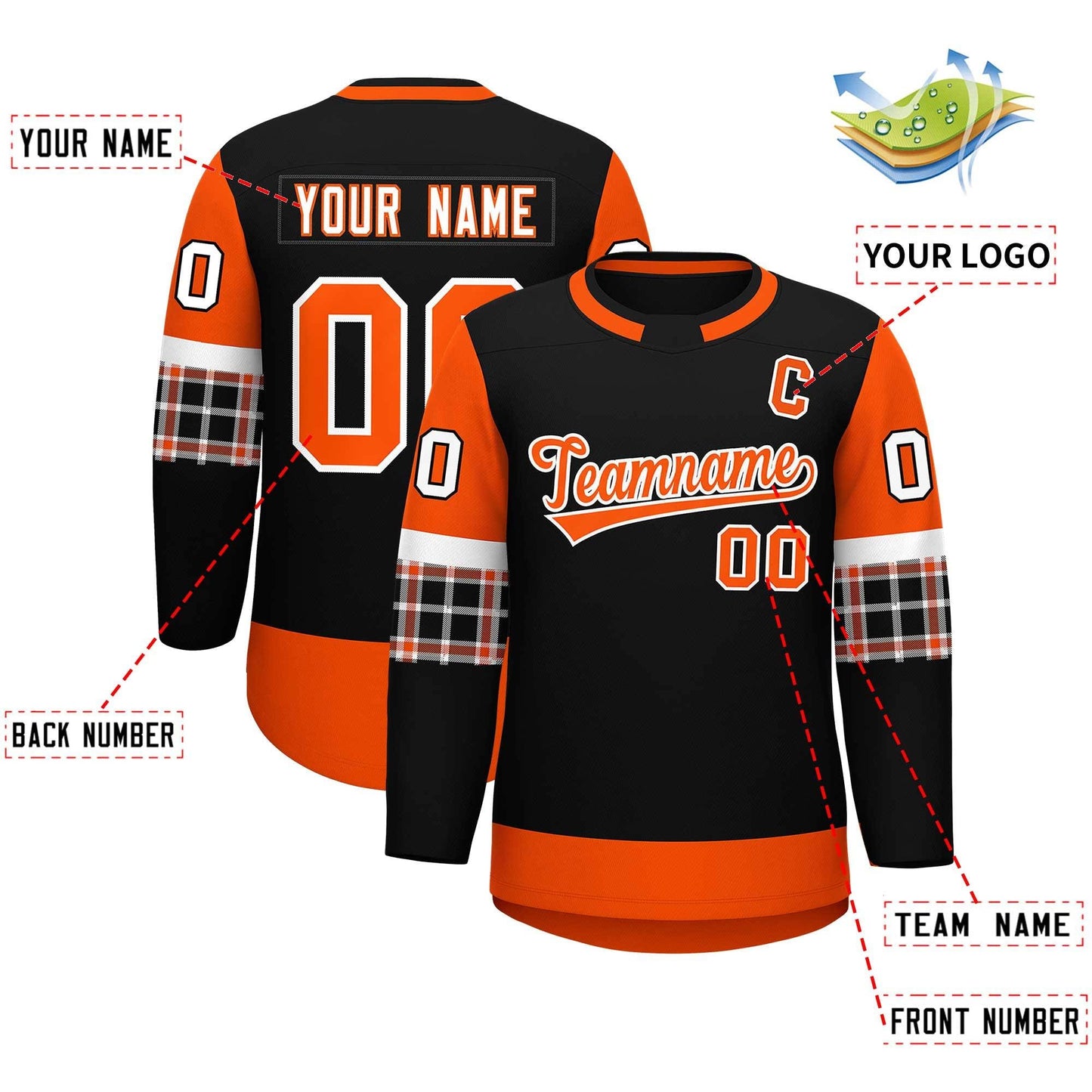 Custom Black Orange Personalized Raglan Sleeves Round-Neck Hockey Jersey Limited