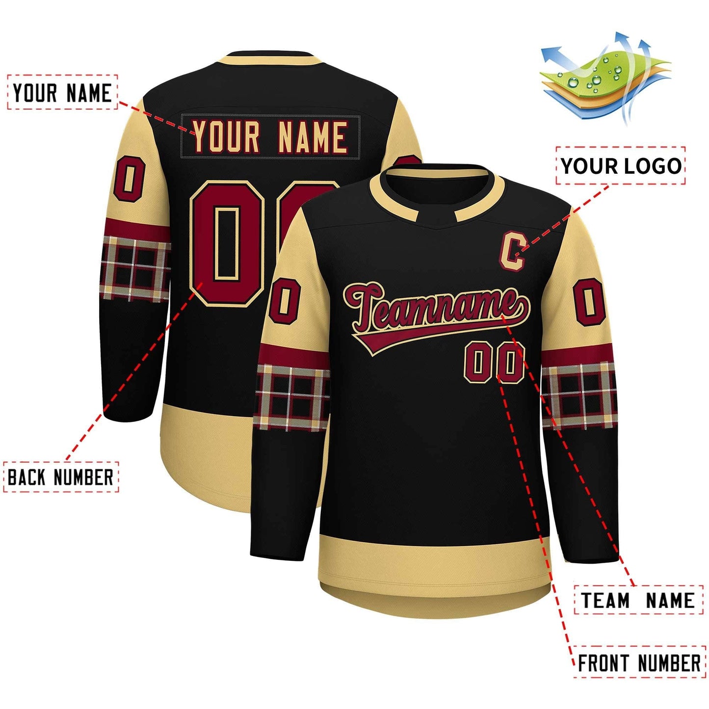 Custom Black Khaki Personalized Raglan Sleeves Round-Neck Hockey Jersey Limited