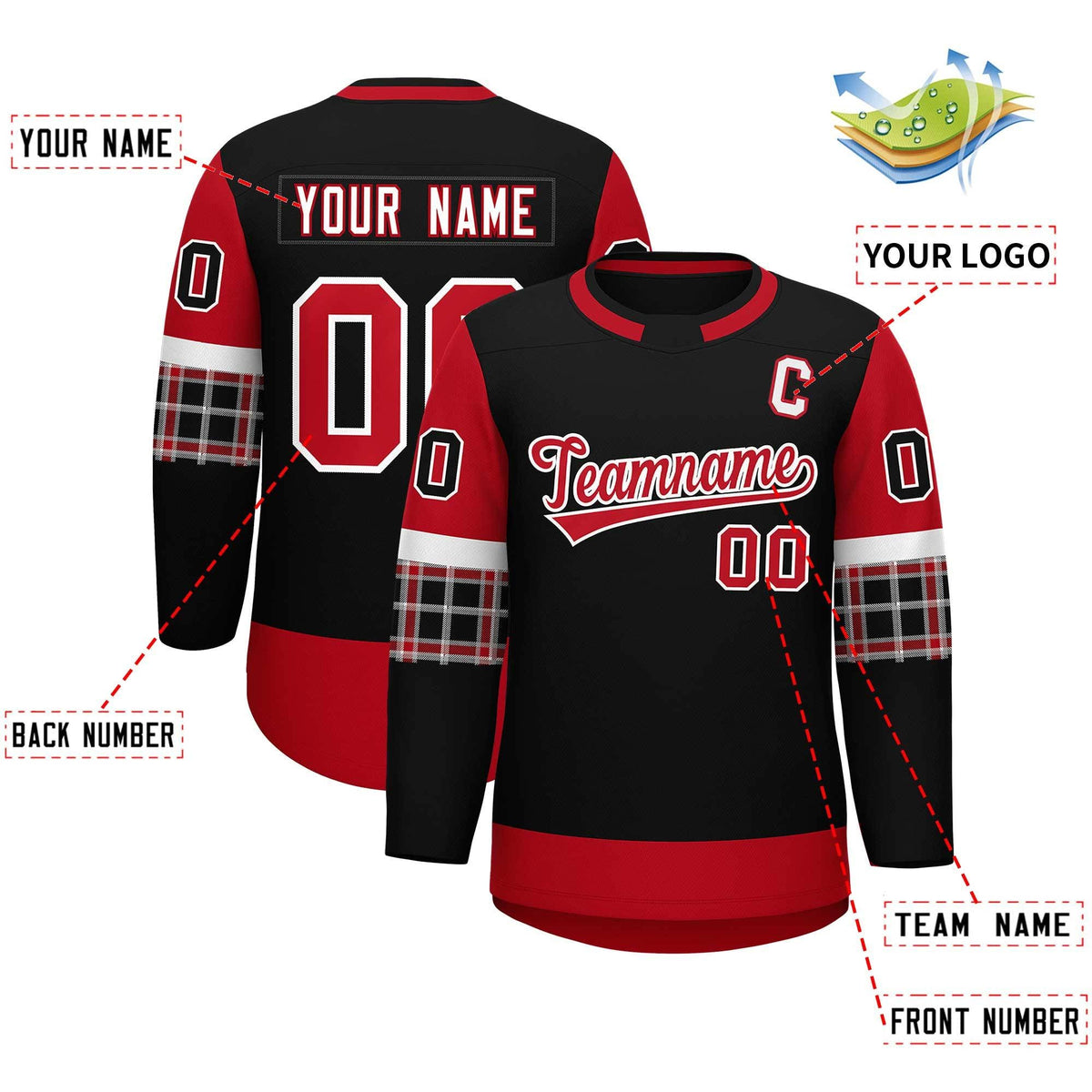 Custom Black Red Personalized Raglan Sleeves Round-Neck Hockey Jersey Limited