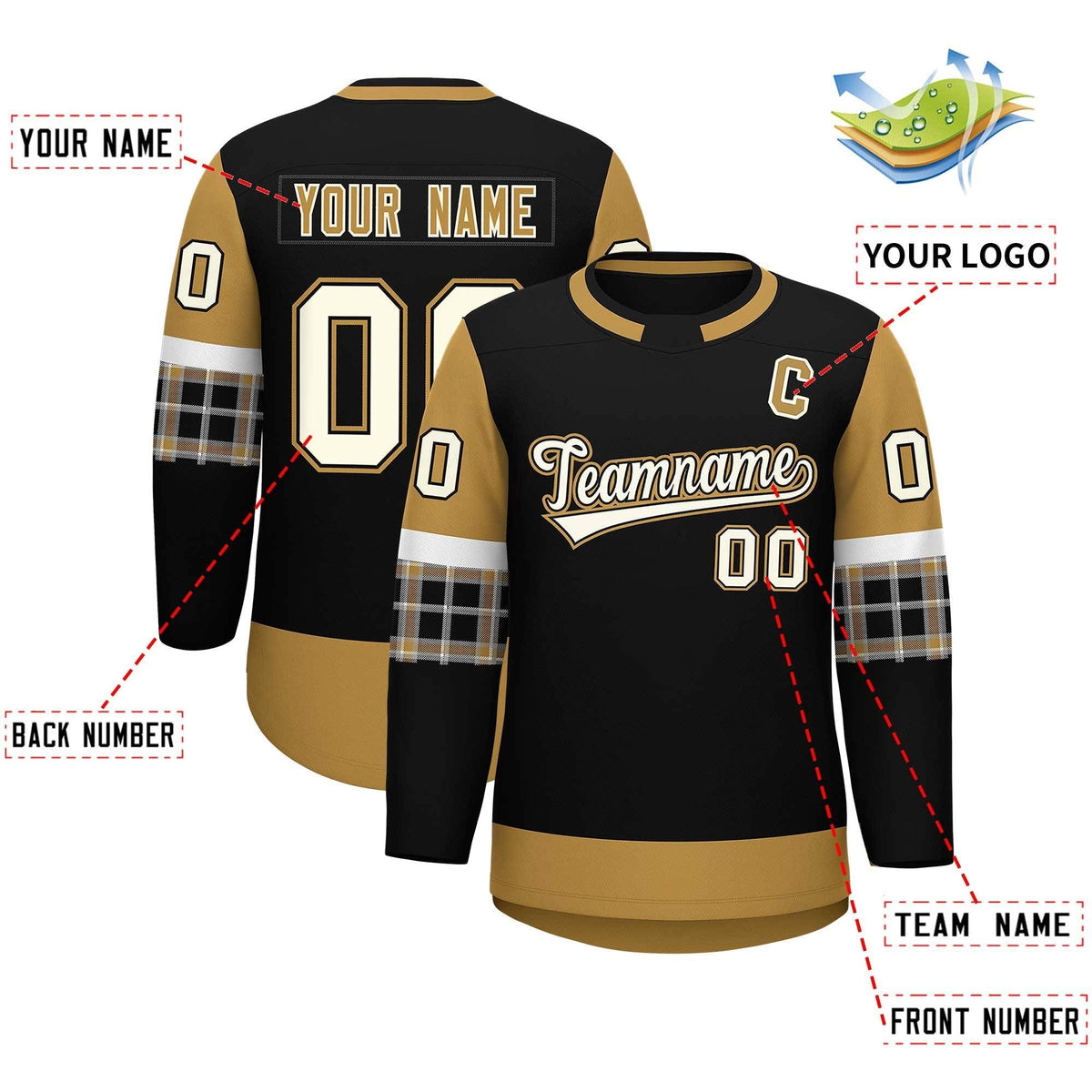 Custom Black Old Gold Personalized Raglan Sleeves Round-Neck Hockey Jersey Limited