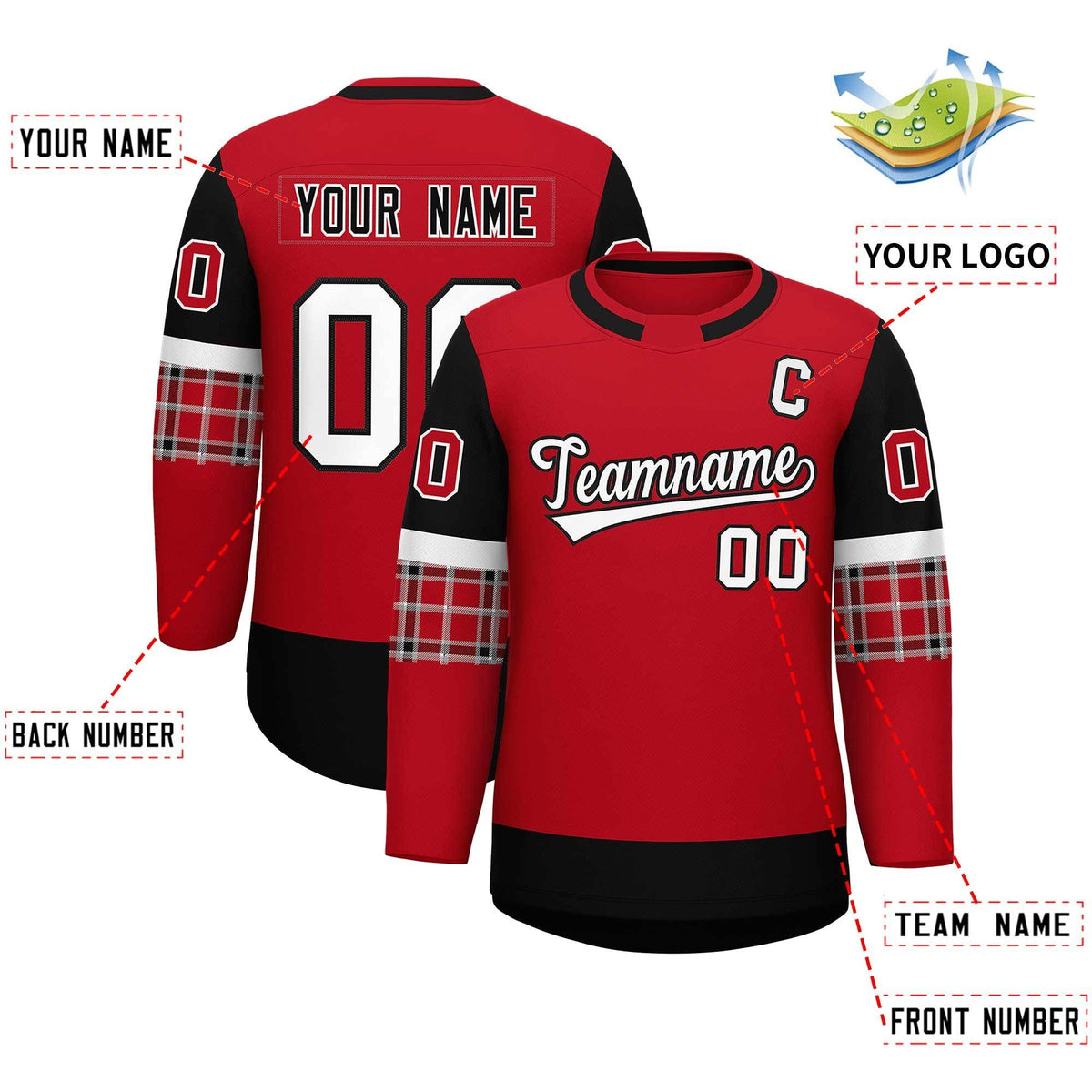 Custom Red Black Personalized Raglan Sleeves Round-Neck Hockey Jersey Limited