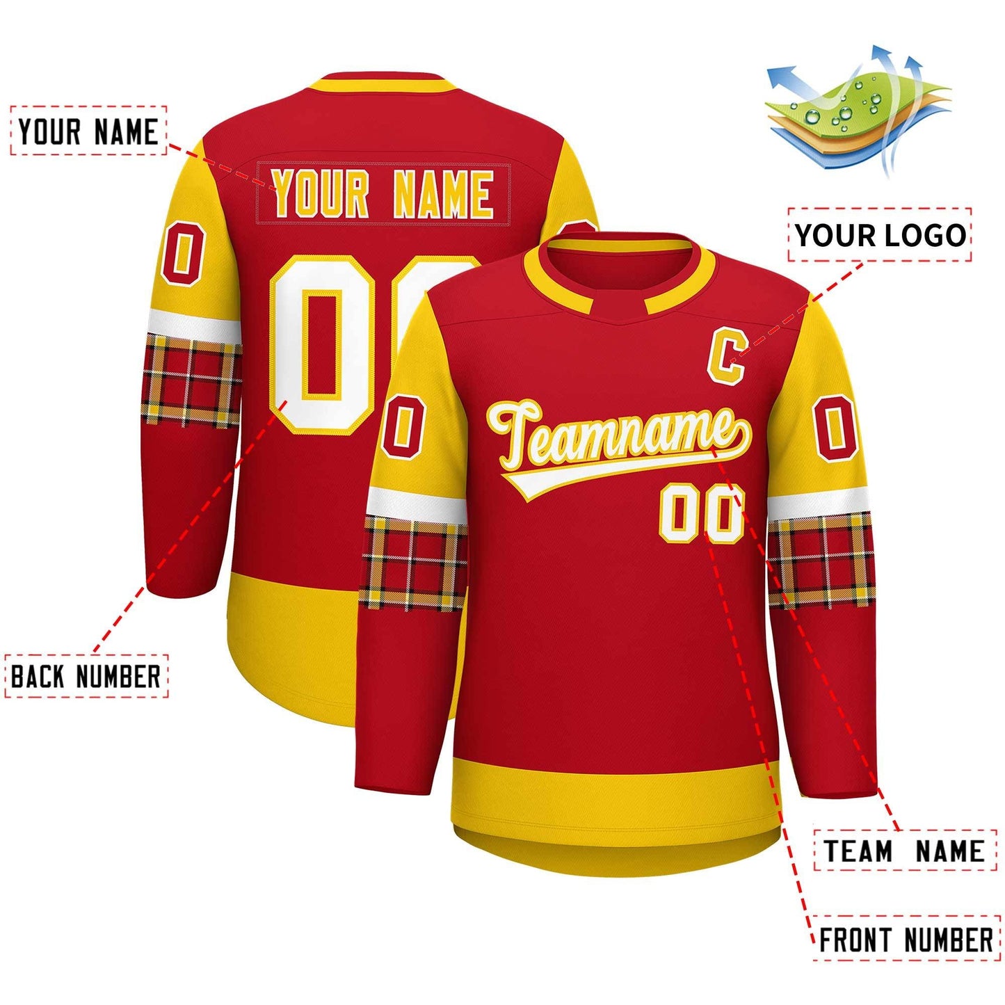 Custom Red Gold Personalized Raglan Sleeves Round-Neck Hockey Jersey Limited