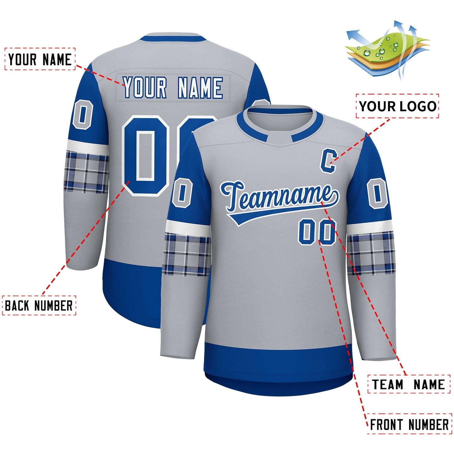 Custom Gray Royal Personalized Raglan Sleeves Round-Neck Hockey Jersey Limited