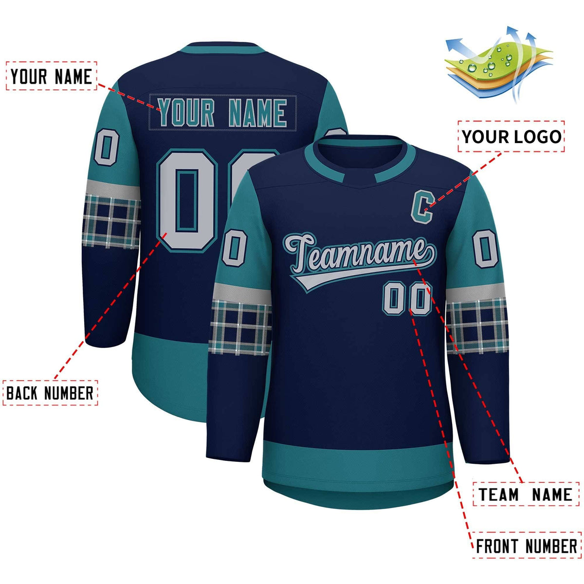 Custom Navy Aqua Personalized Raglan Sleeves Round-Neck Hockey Jersey Limited