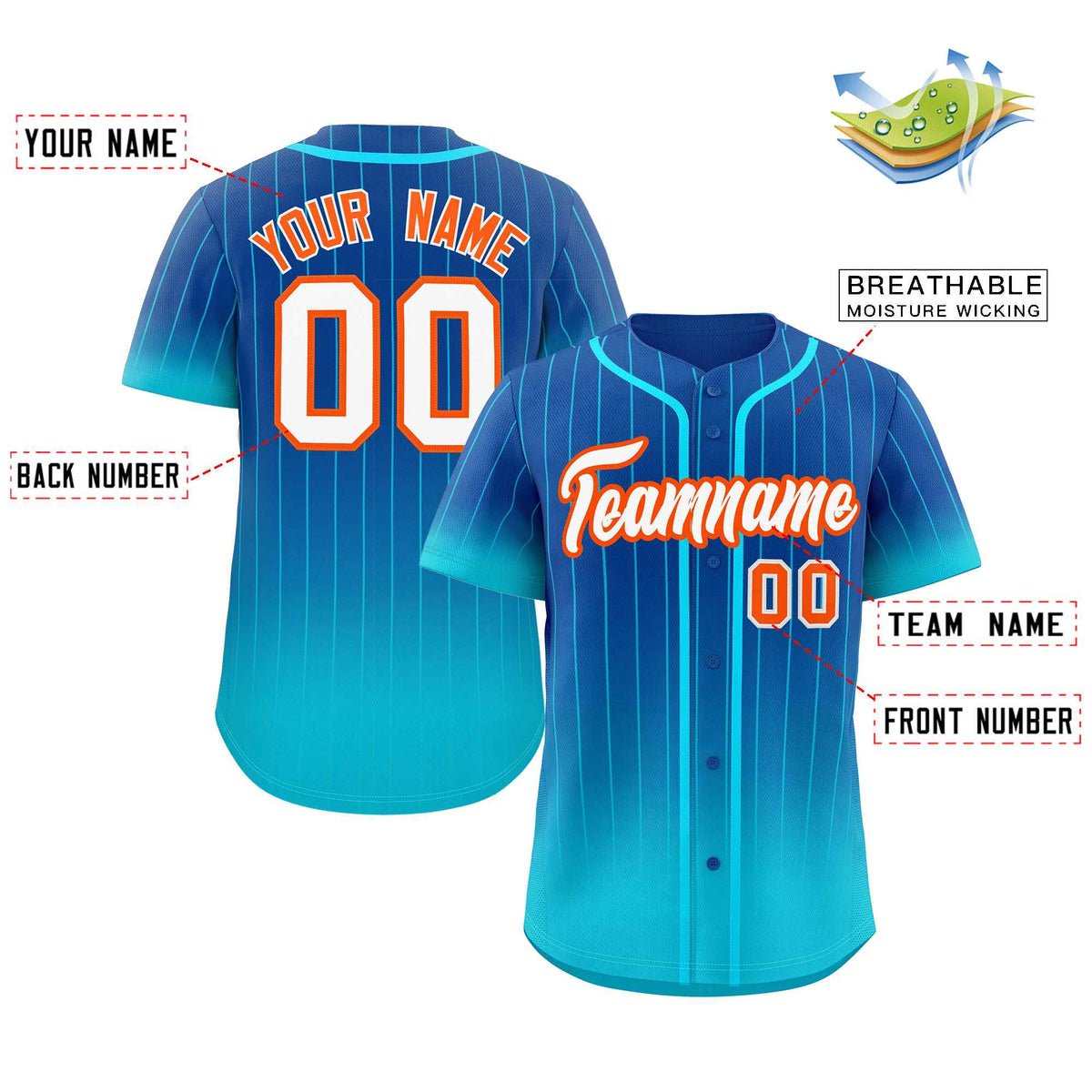 Custom Royal Sky Blue-Orange Gradient Stripe Fashion Authentic Baseball Jersey Limited