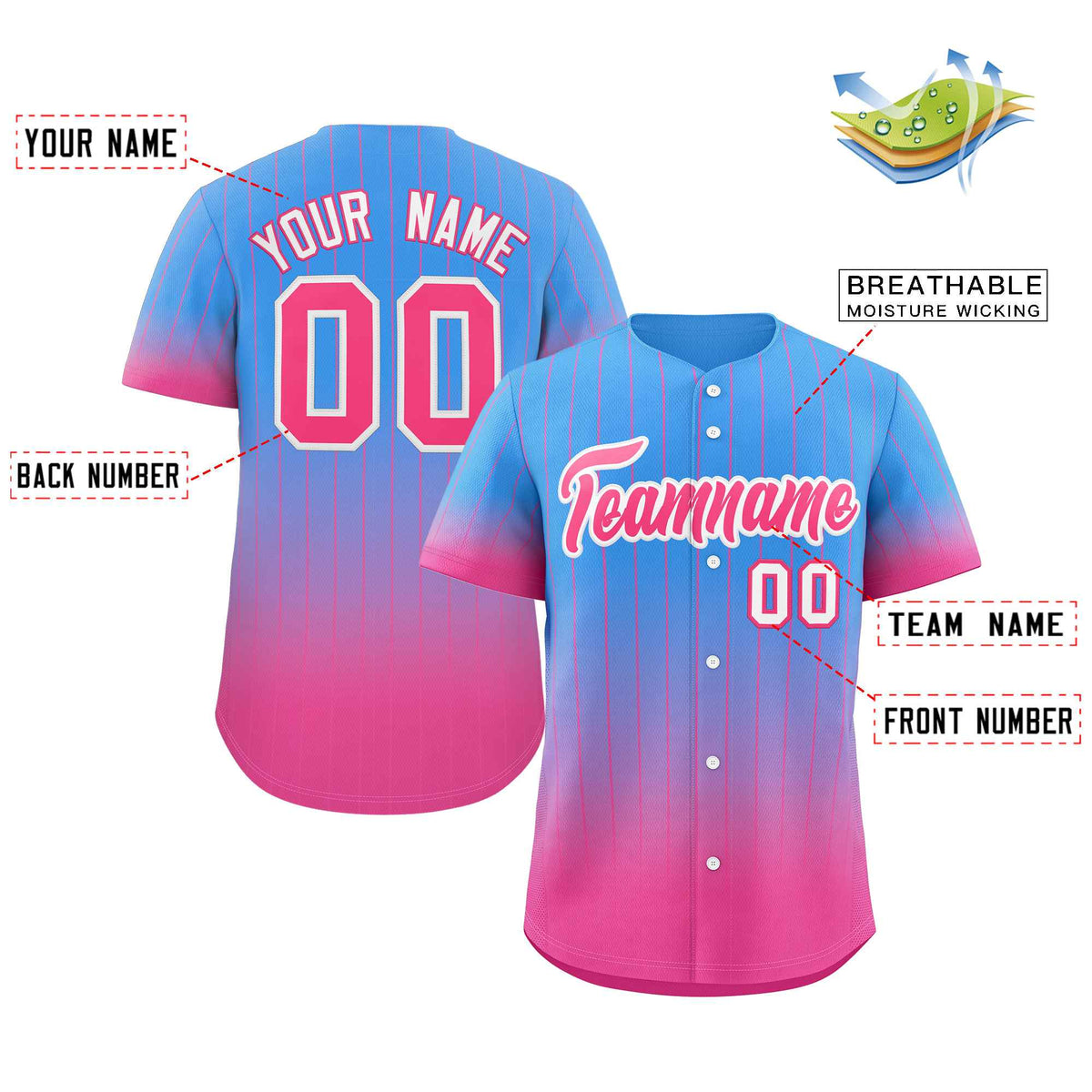 Custom Powder Blue Pink-White Gradient Stripe Fashion Authentic Baseball Jersey Limited
