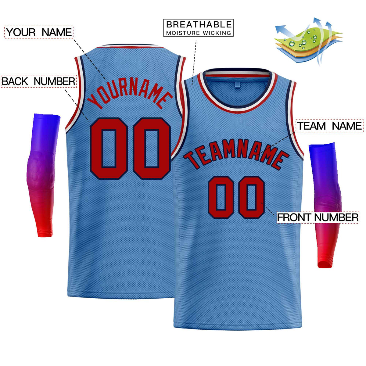 Custom Light Blue Navy-Red Classic Tops Men Casual Bull Basketball Jersey Limited