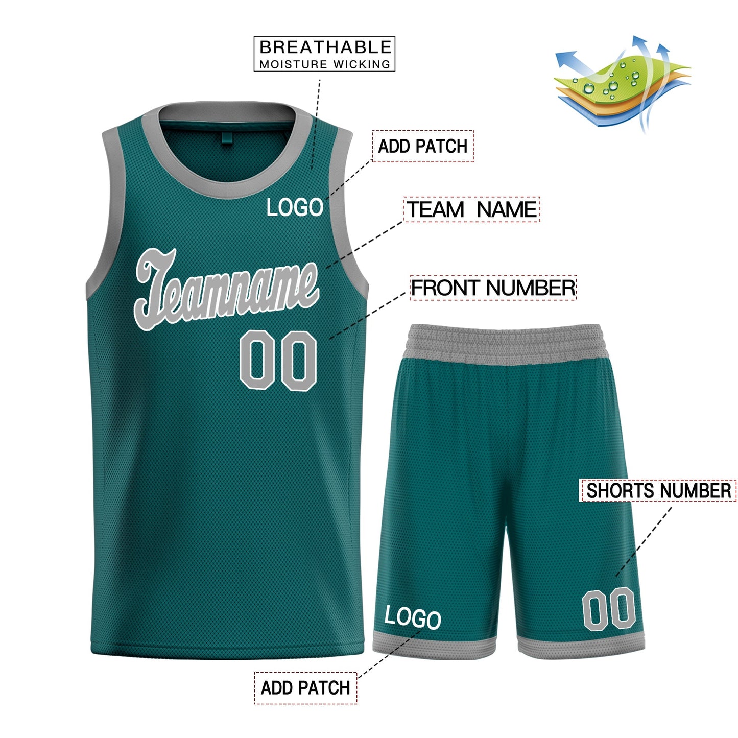 Custom Teal Gray-White Classic Tops Breathable Basketball Jersey Limited