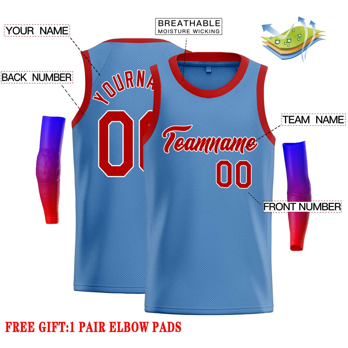 Custom Light Blue Red-White Classic Tops Casual Basketball Jersey Limited