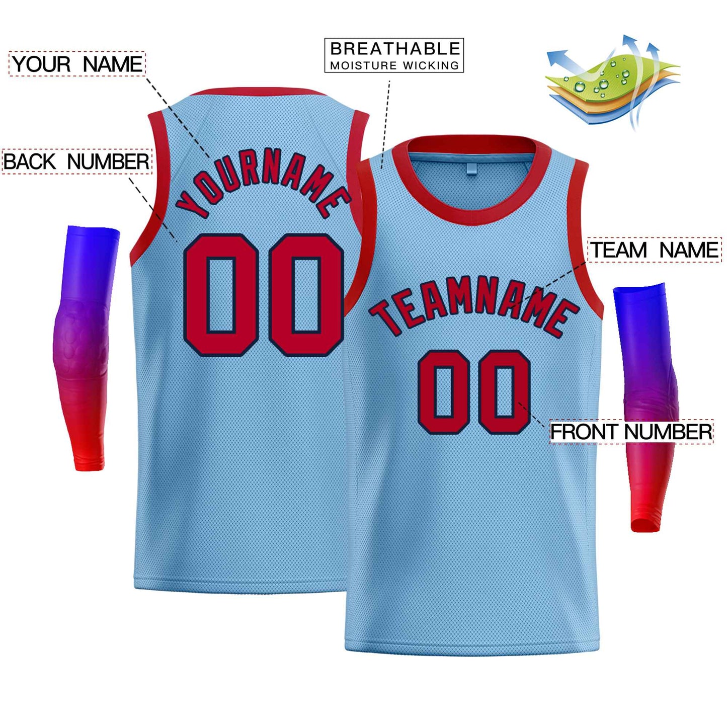 Custom Light Blue Navy-Red Classic Tops Men Casual Bull Basketball Jersey Limited