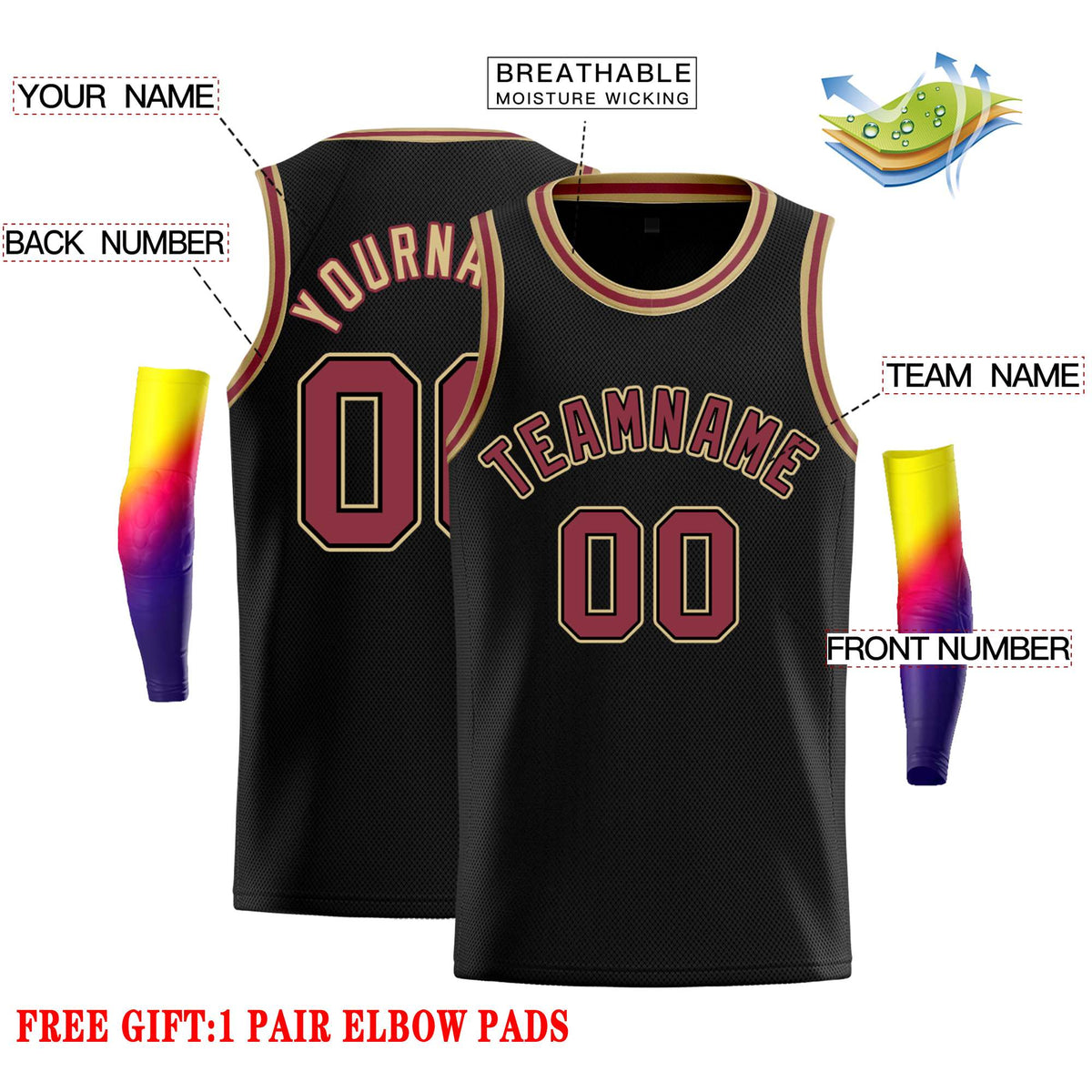 Custom Black Red-Old Gold Classic Tops Casual Basketball Jersey Limited