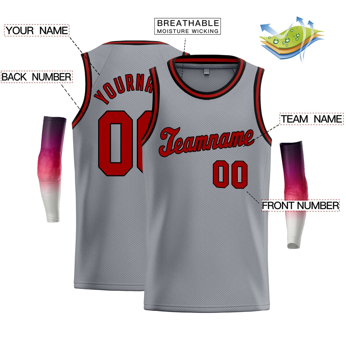 Custom Gray Red Black Classic Tops Men/Boy Basketball Jersey Limited