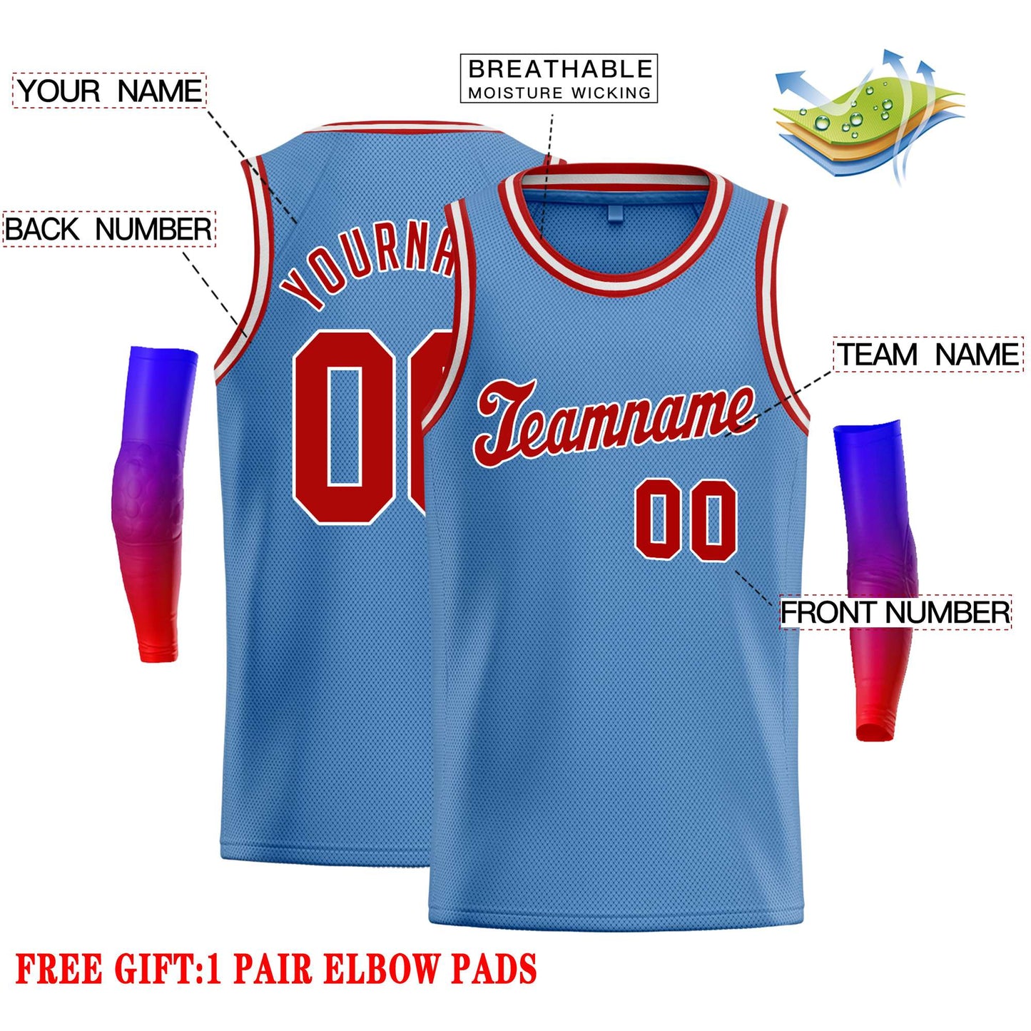 Custom Light Blue Red-White Classic Tops Casual Basketball Jersey Limited