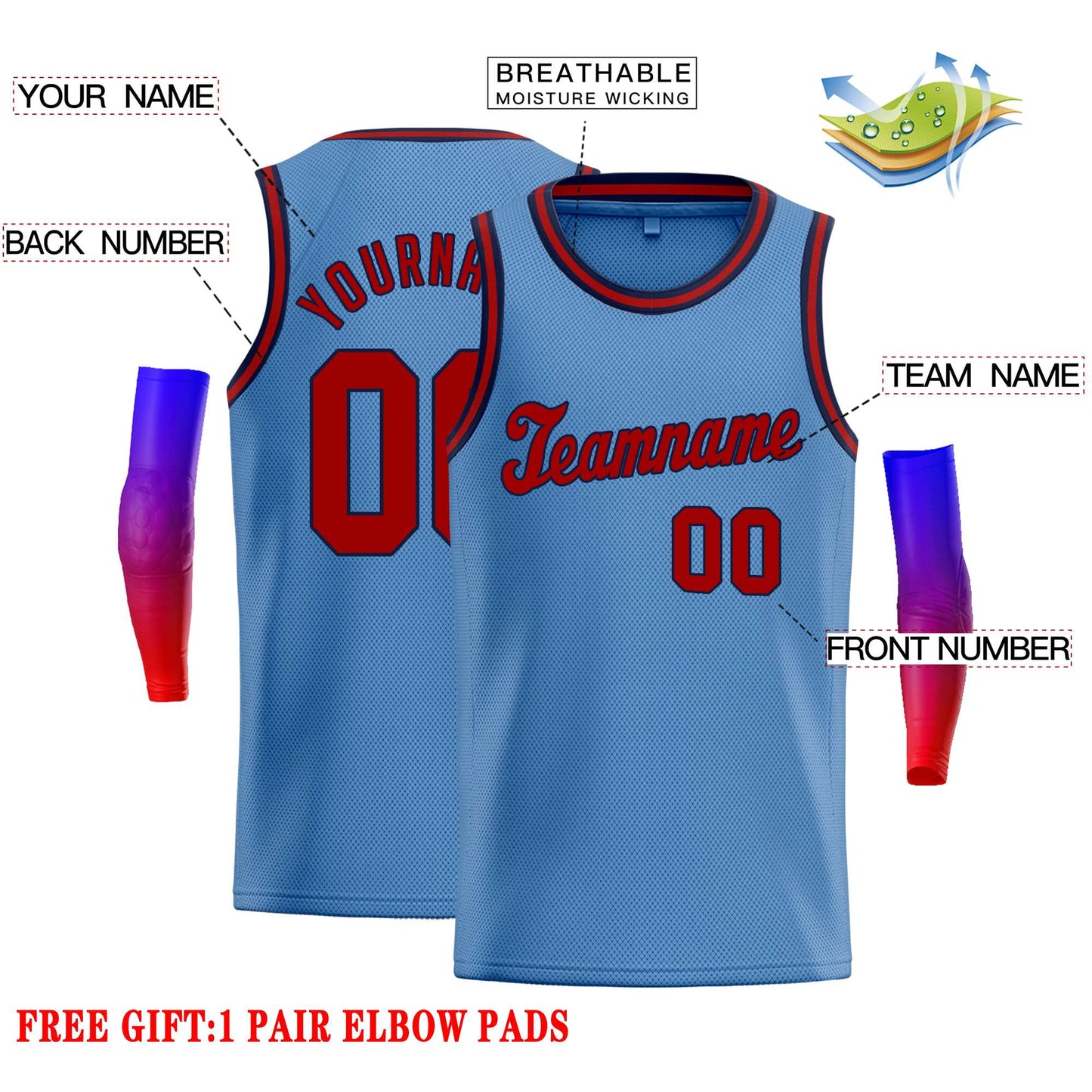 Custom Light Blue Red-Navy Classic Tops Casual Basketball Jersey Limited