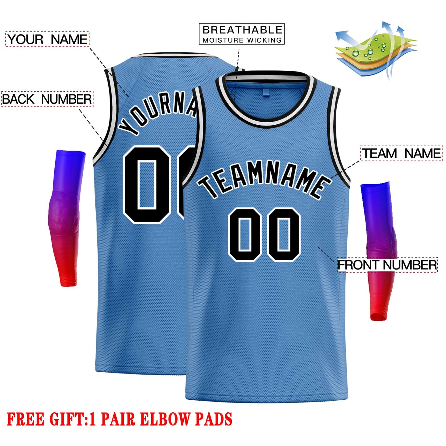 Custom Light Blue Black-White Classic Tops Casual Basketball Jersey Limited