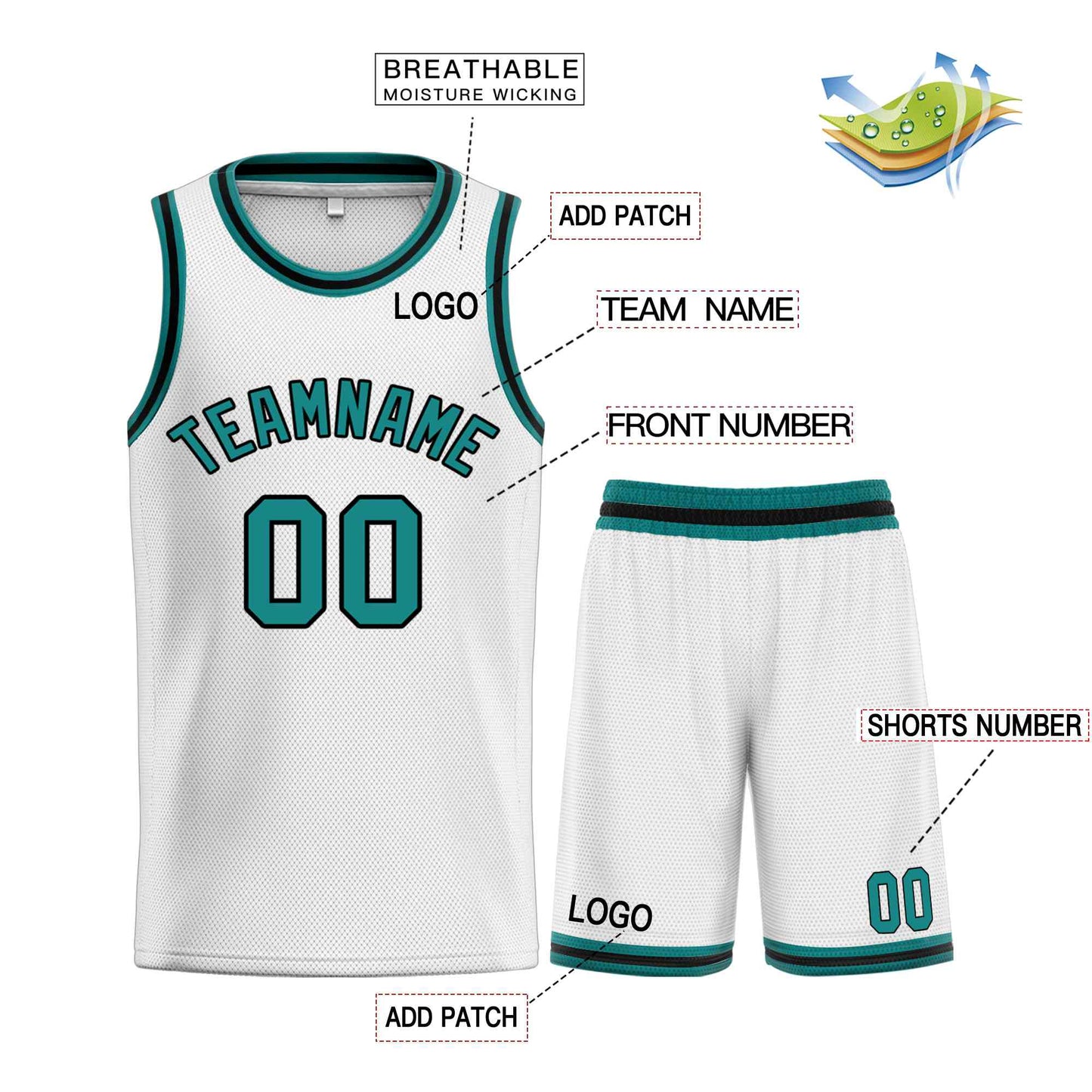 Custom White Teal-Black Classic Sets Curved Basketball Jersey Limited