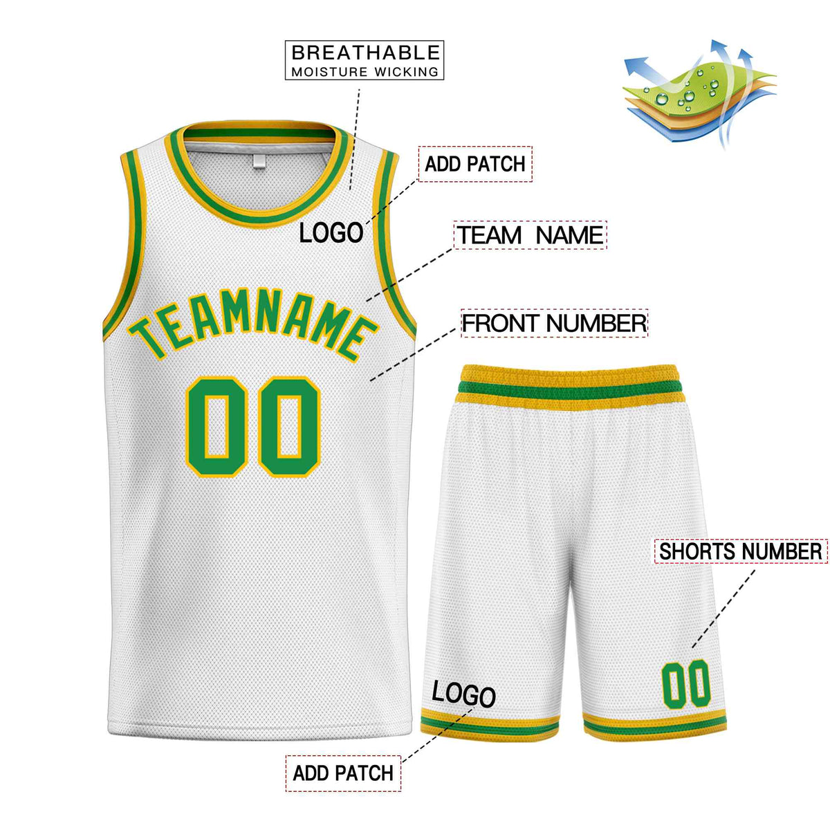 Custom White Green-Yellow Classic Sets Curved Basketball Jersey Limited