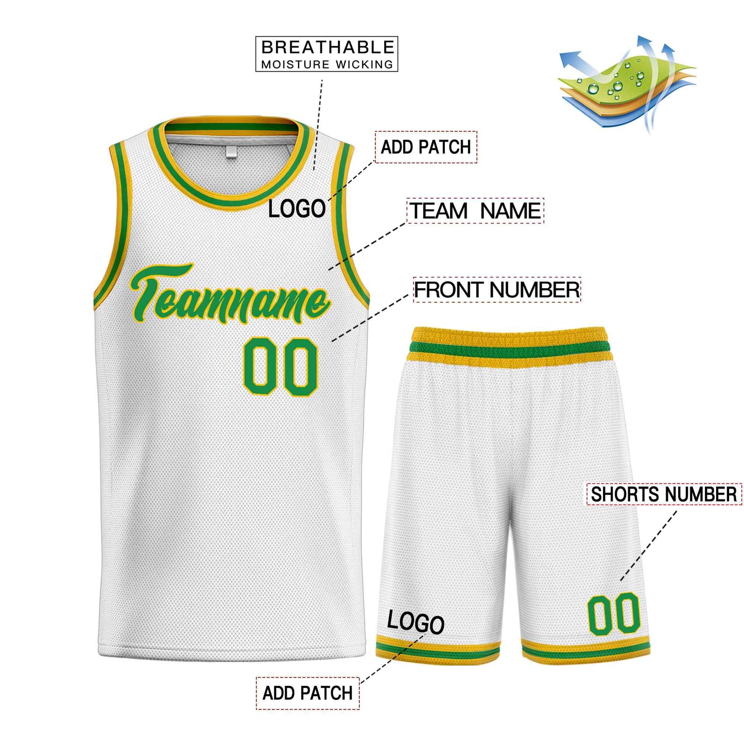 Custom White Green-Yellow Heal Sports Uniform Classic Sets Basketball Jersey Limited