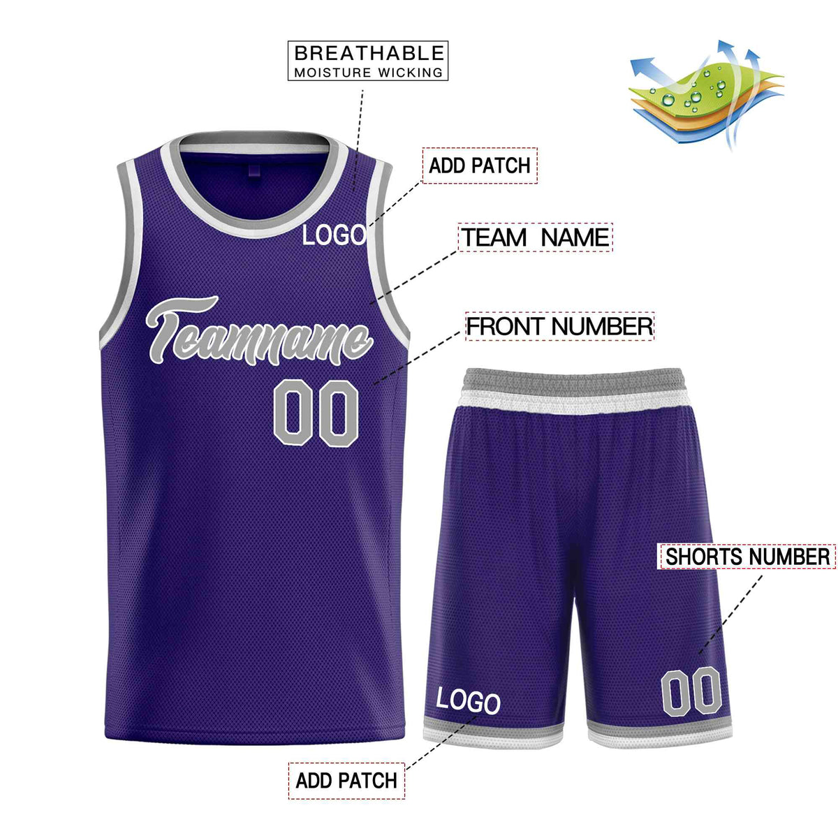 Custom Purple Gray-White Heal Sports Uniform Classic Sets Basketball Jersey Limited